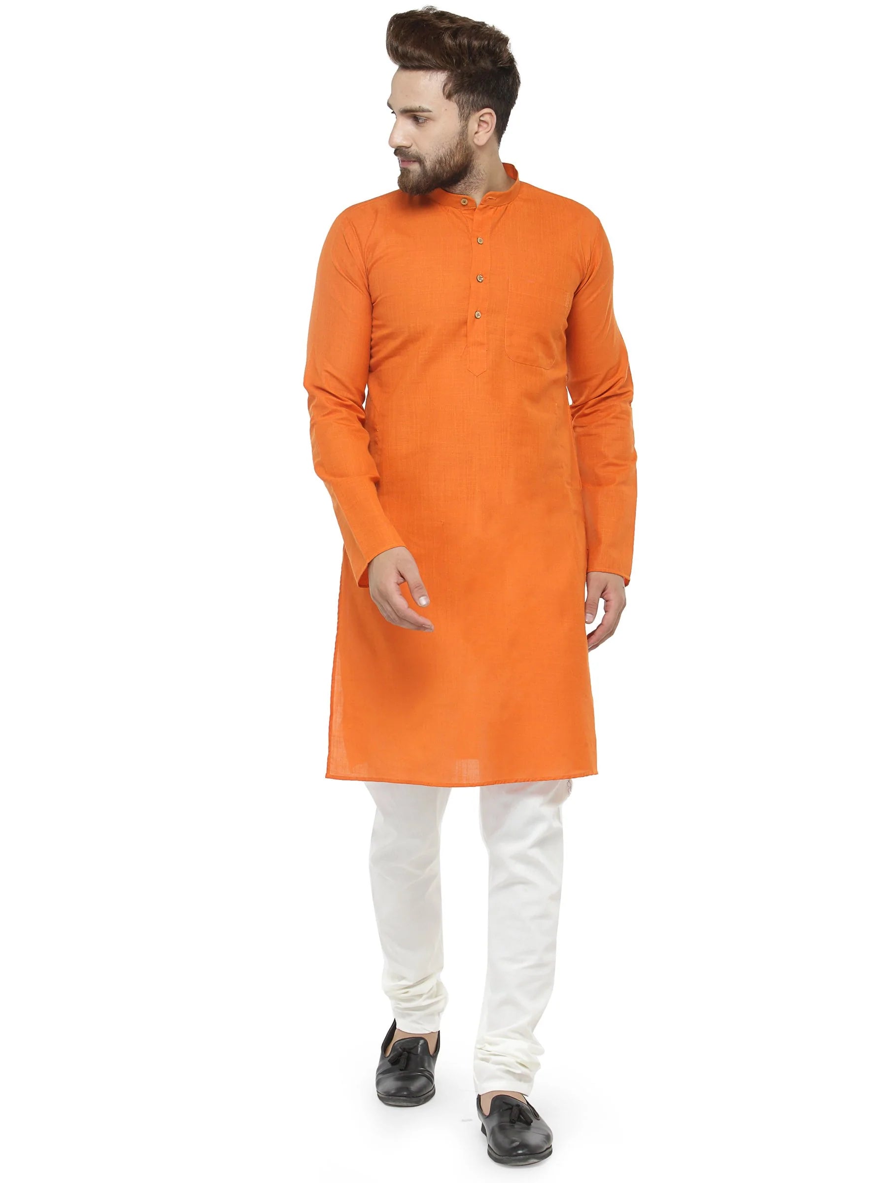 Orange & White Solid Kurta with Churidar - Jompers
