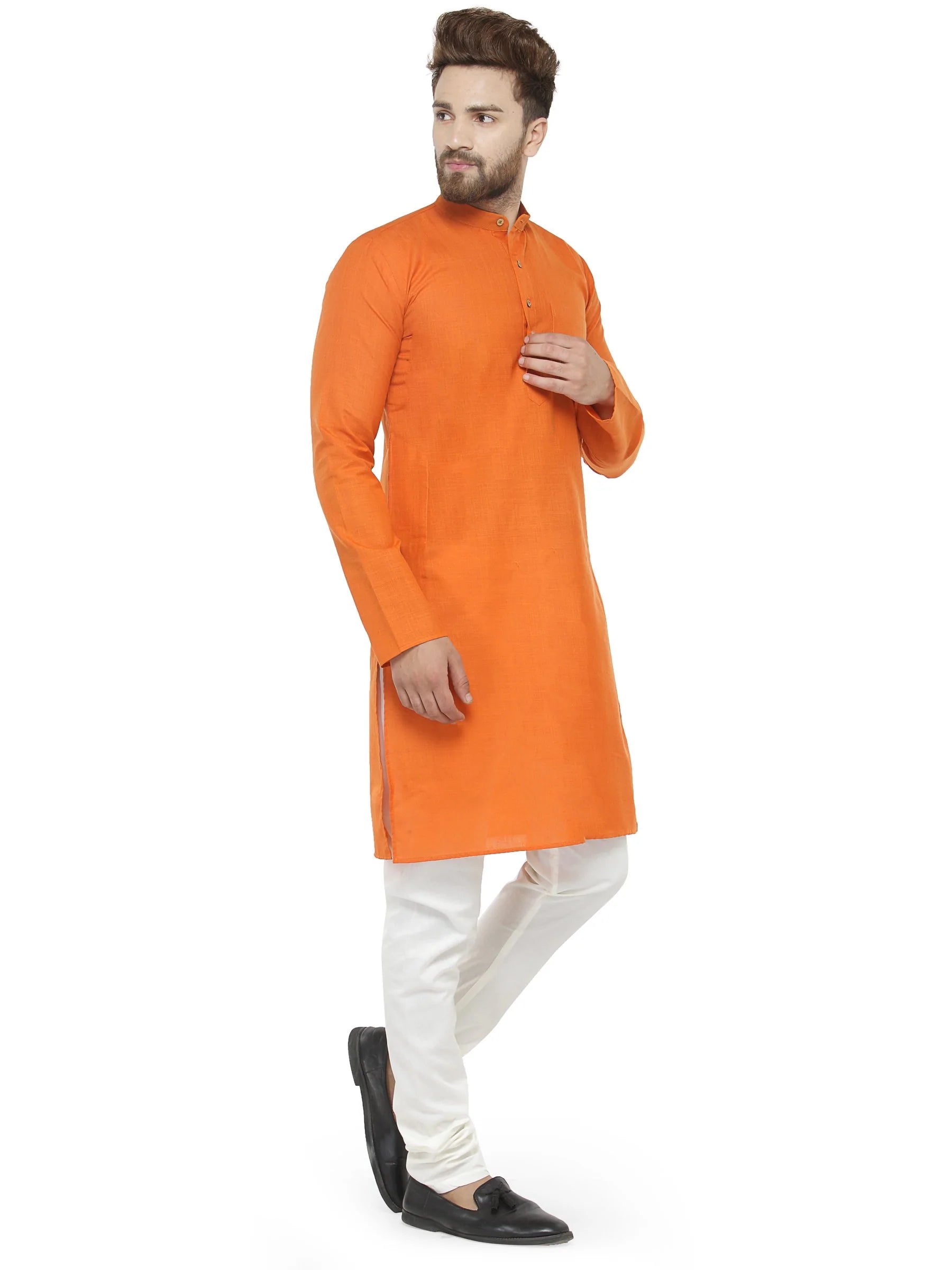 Orange & White Solid Kurta with Churidar - Jompers