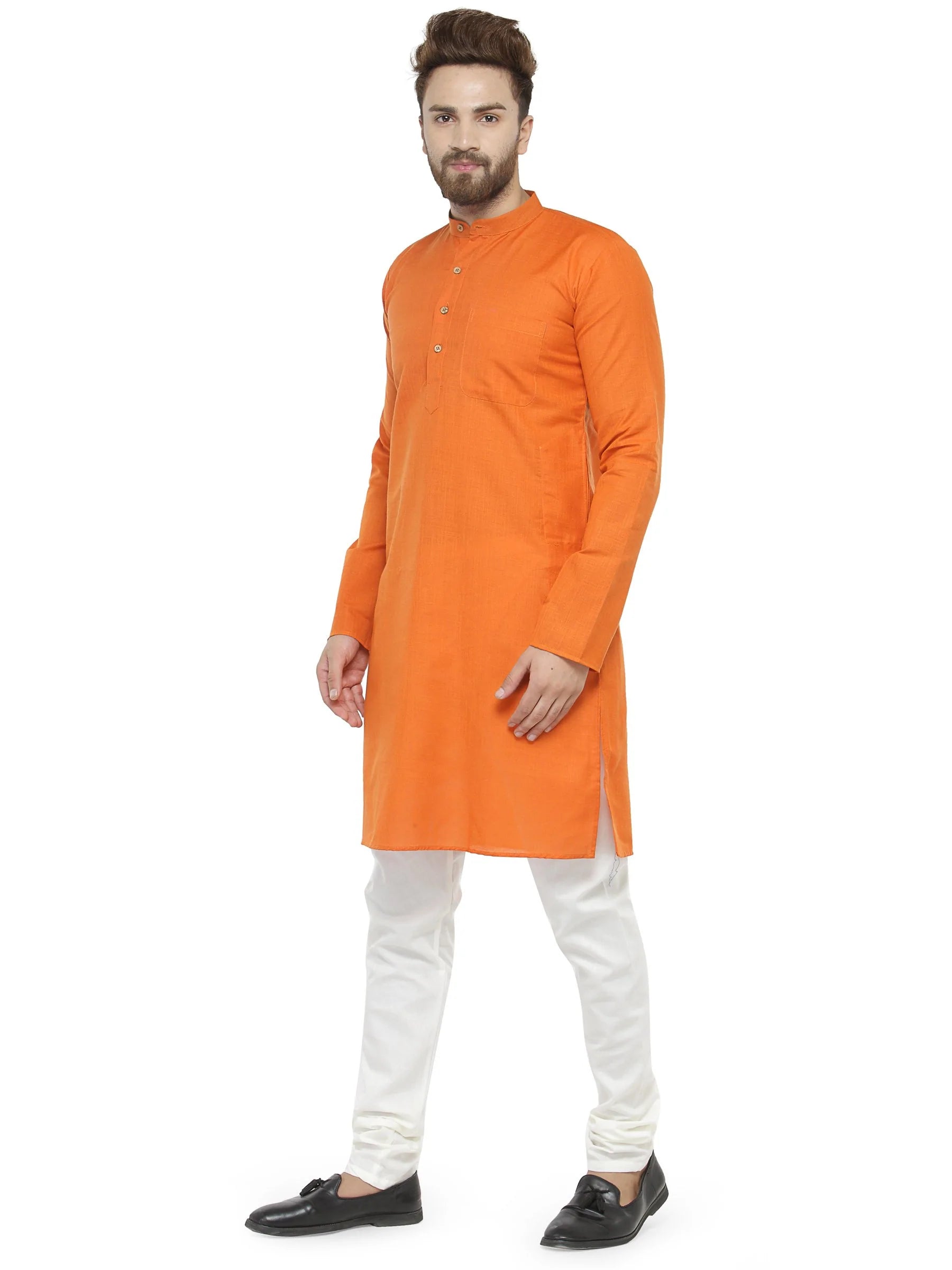 Orange & White Solid Kurta with Churidar - Jompers