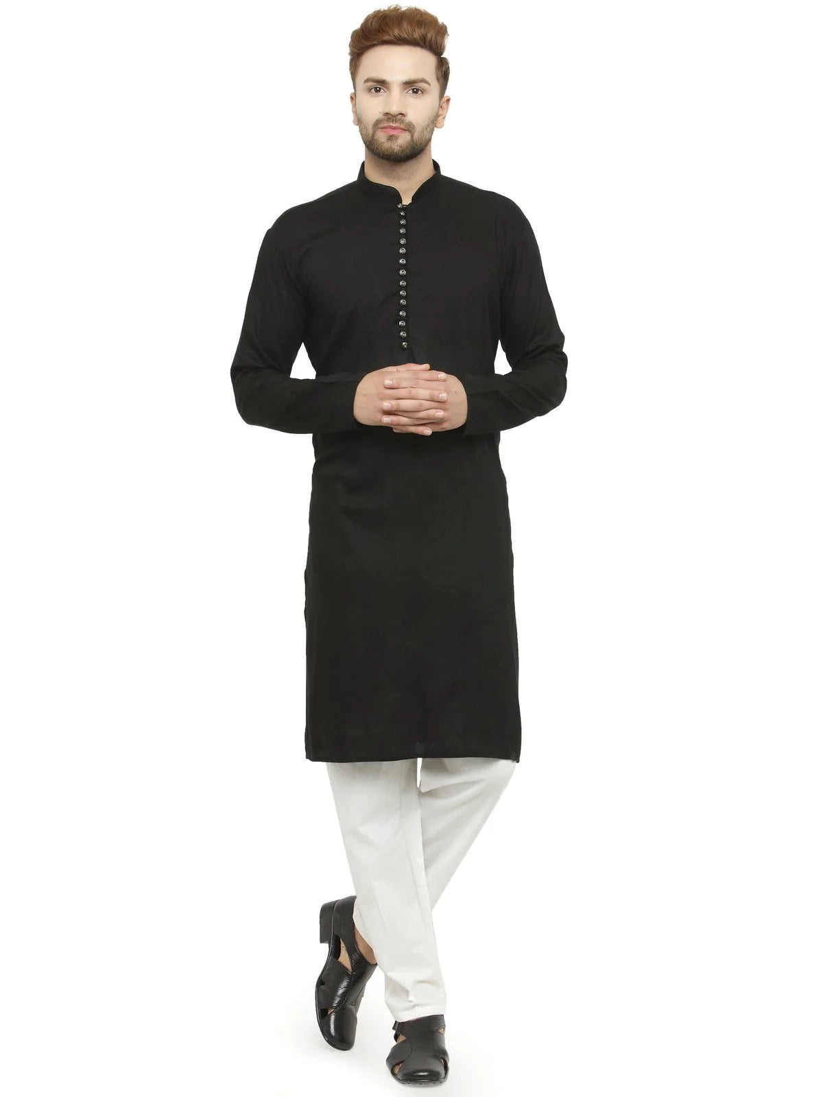 Men Black Solid Kurta with Churidar - Jompers