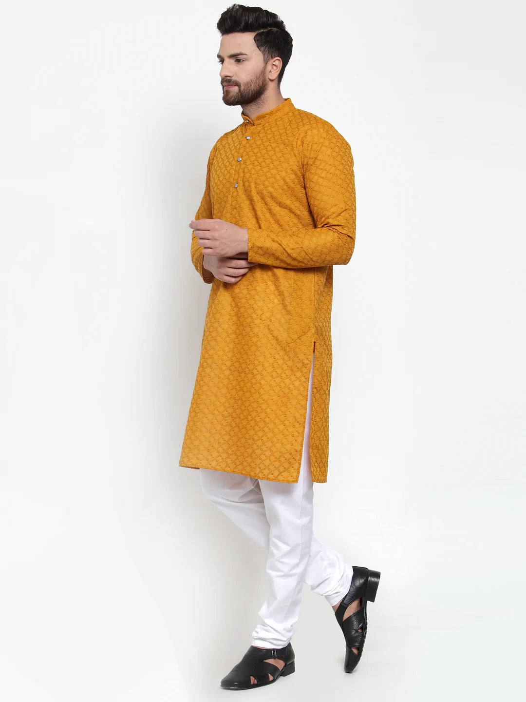 Jompers Men Mustard Chikan Kurta with Churidar ( JOKP 561 Mustard )
