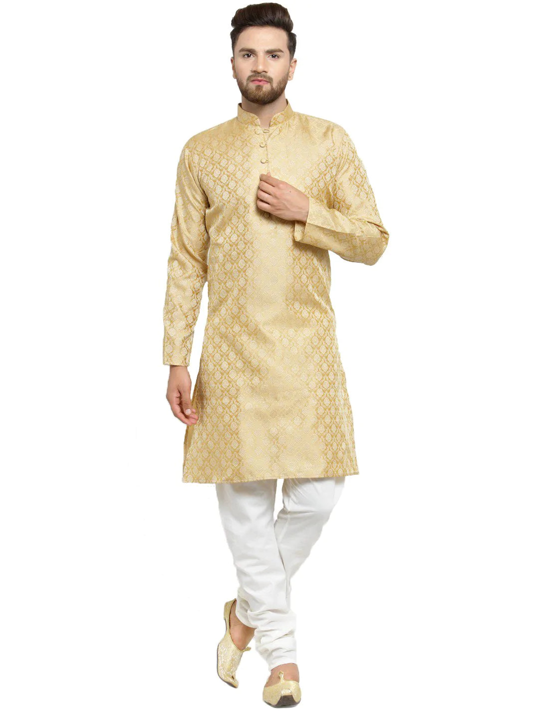 Men Golden Self Design Kurta with Churidar - Jompers