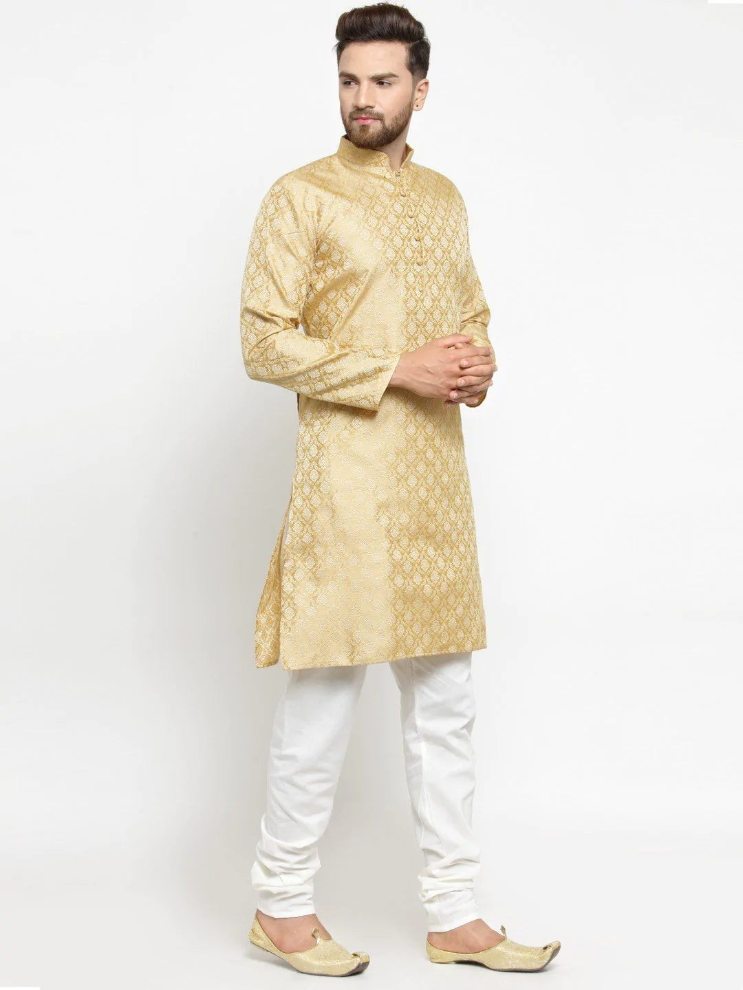 Men Golden Self Design Kurta with Churidar - Jompers