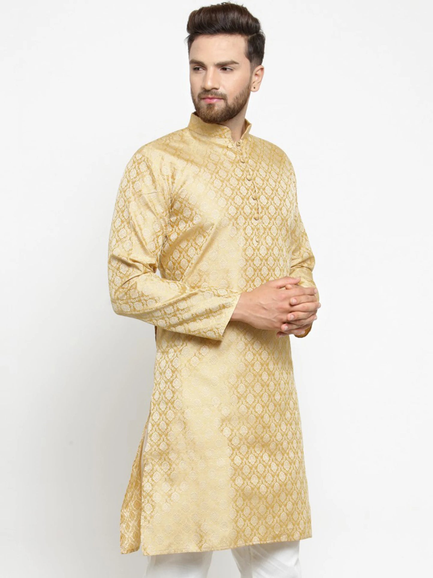 Men Golden Self Design Kurta Only ( KO 568 Golden )