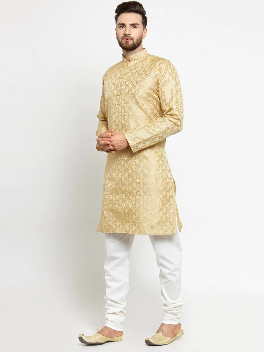 Men Golden Self Design Kurta with Churidar - Jompers