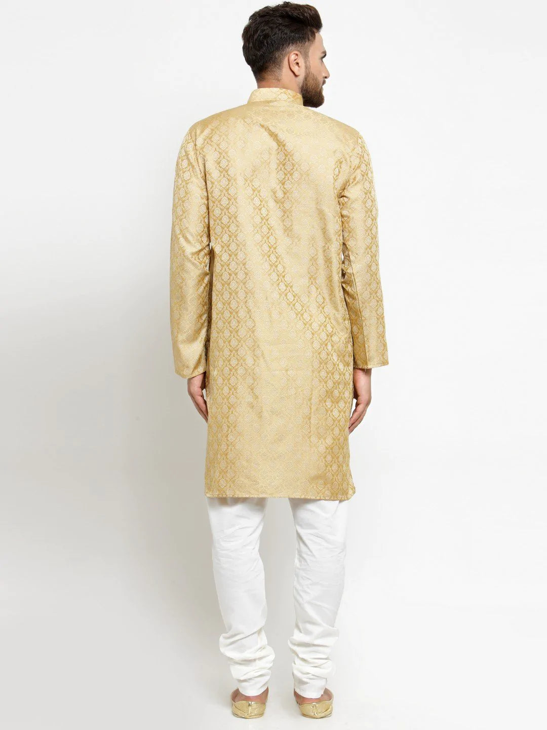 Men Golden Self Design Kurta with Churidar - Jompers