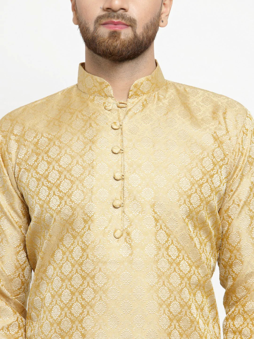 Men Golden Self Design Kurta with Churidar - Jompers