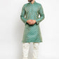 Men Green & Beige Self Design Kurta with Churidar - Jompers