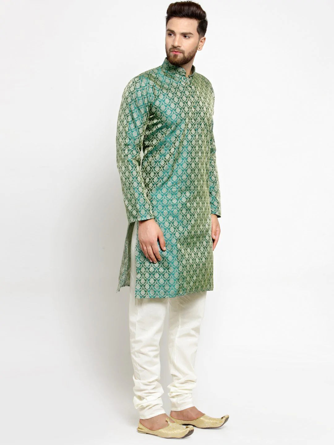 Men Green & Beige Self Design Kurta with Churidar - Jompers