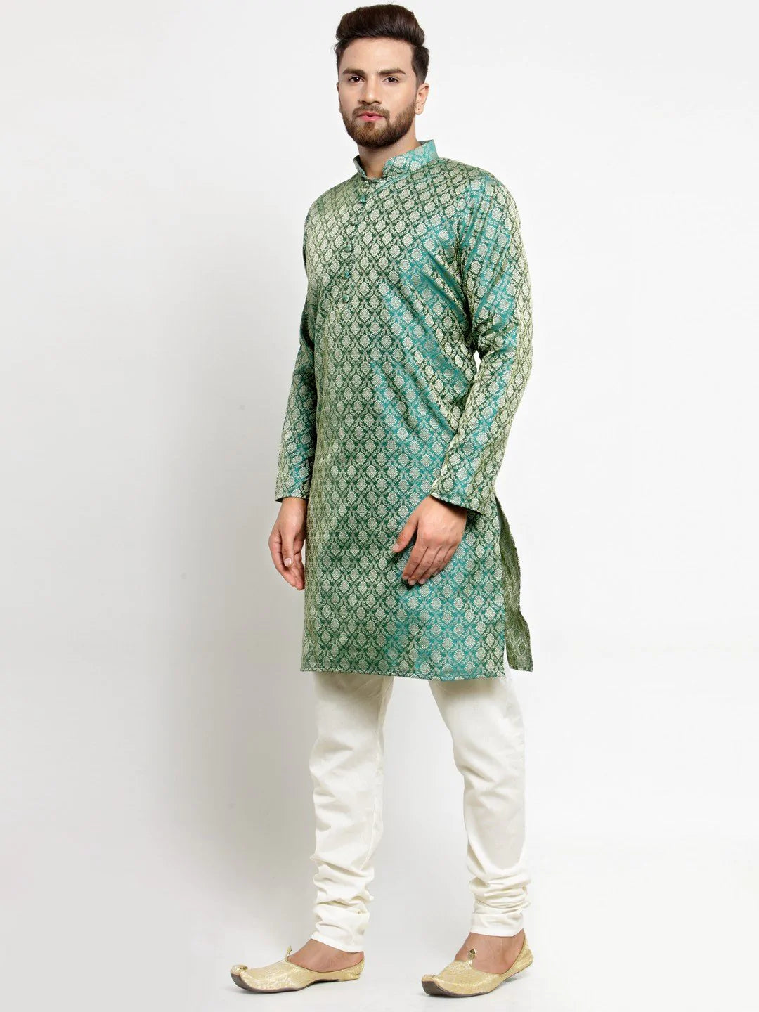 Men Green & Beige Self Design Kurta with Churidar - Jompers