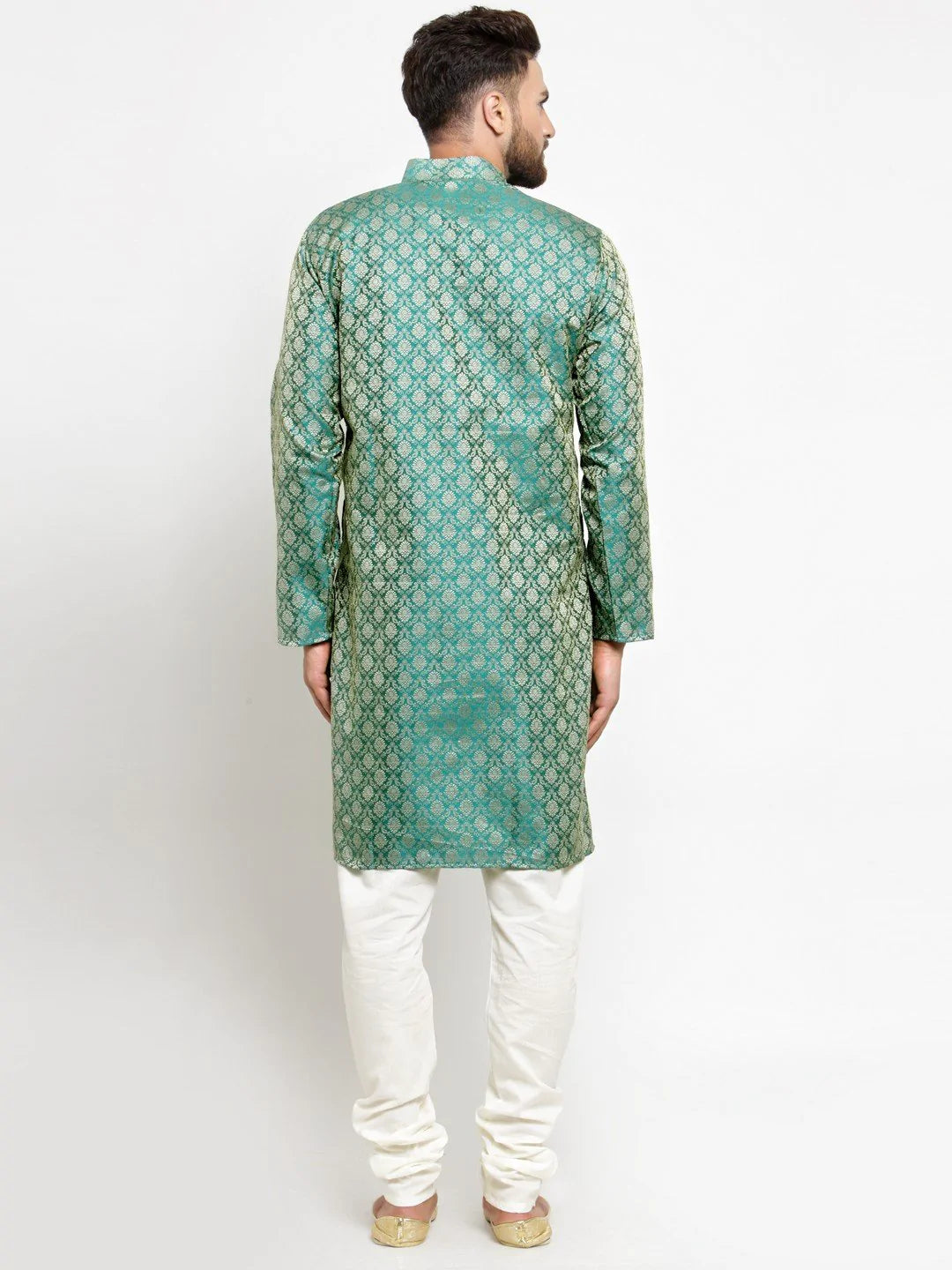Men Green & Beige Self Design Kurta with Churidar - Jompers