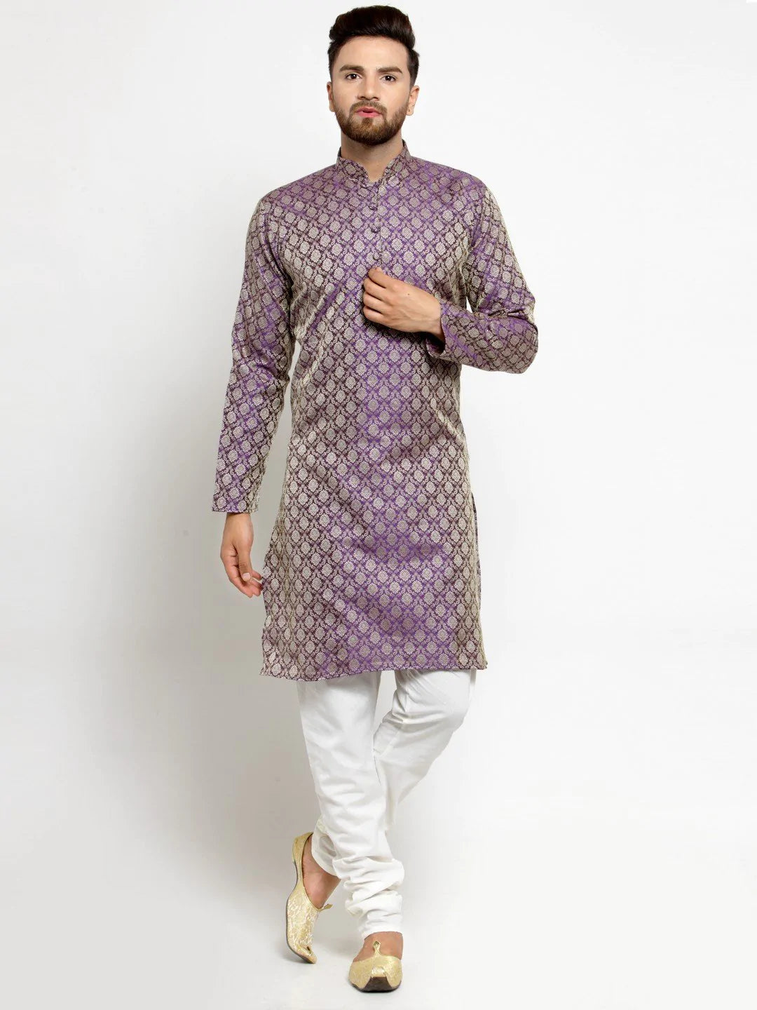 Men Purple & Beige Self Design Kurta with Churidar - Jompers