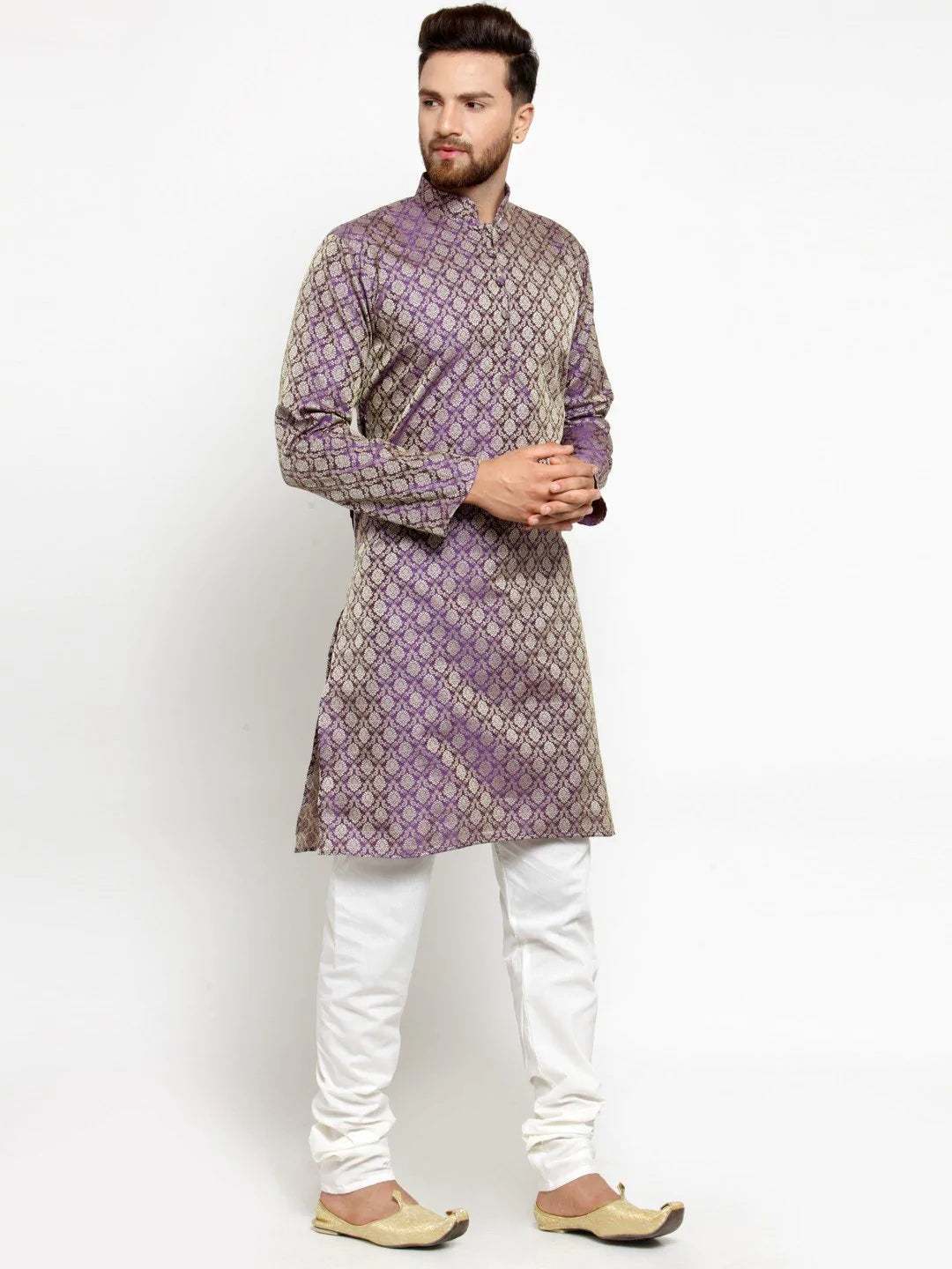 Men Purple & Beige Self Design Kurta with Churidar - Jompers