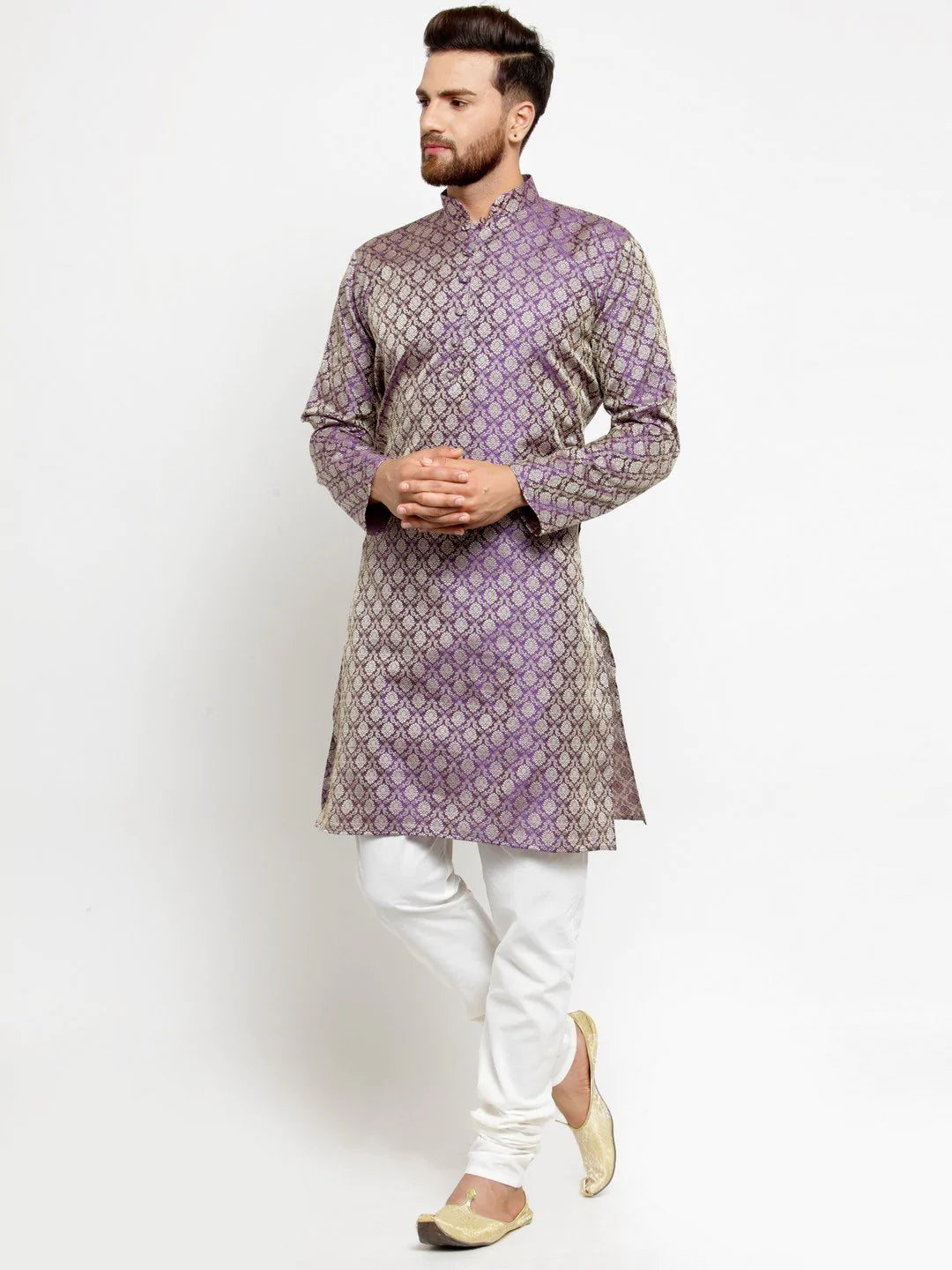 Men Purple & Beige Self Design Kurta with Churidar - Jompers