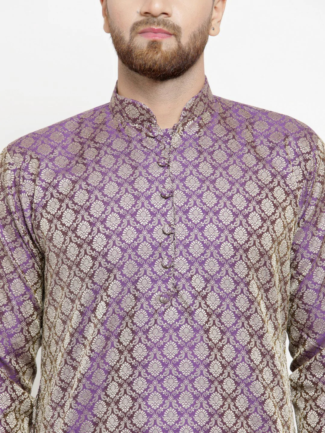 Men Purple & Beige Self Design Kurta with Churidar - Jompers