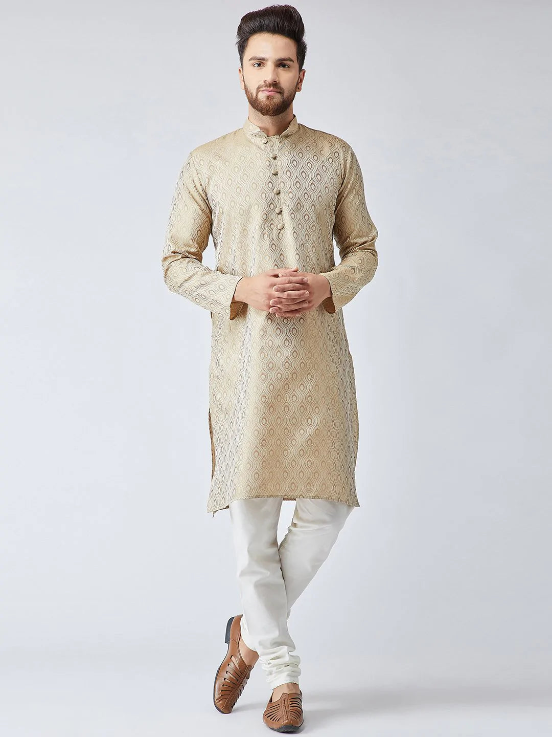Men Beige & Off-White Self Design Kurta with Churidar - Jompers