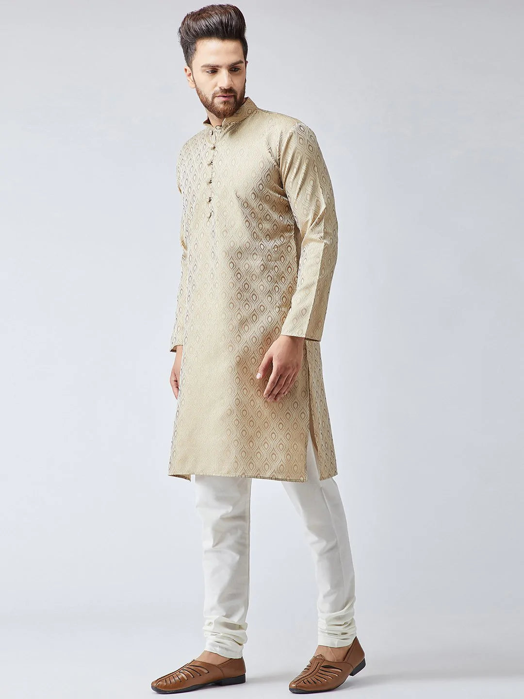 Men Beige & Off-White Self Design Kurta with Churidar - Jompers