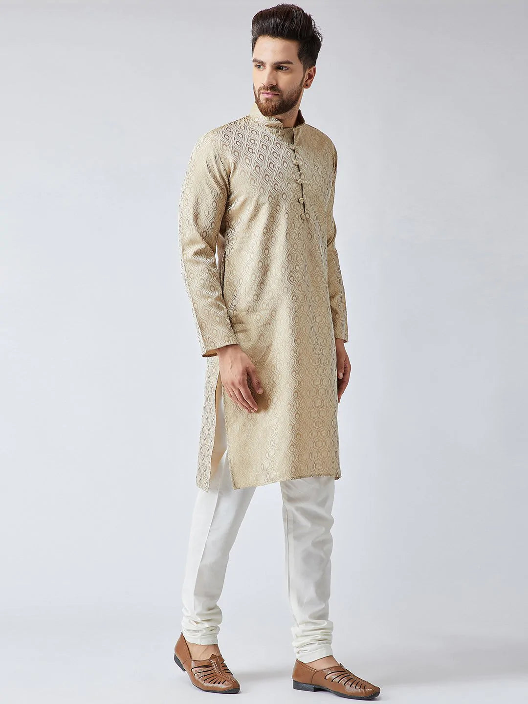 Men Beige & Off-White Self Design Kurta with Churidar - Jompers