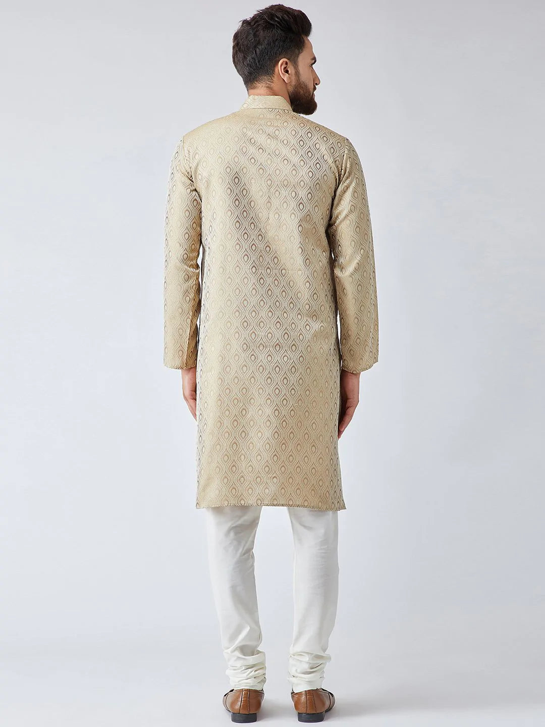 Men Beige & Off-White Self Design Kurta with Churidar - Jompers