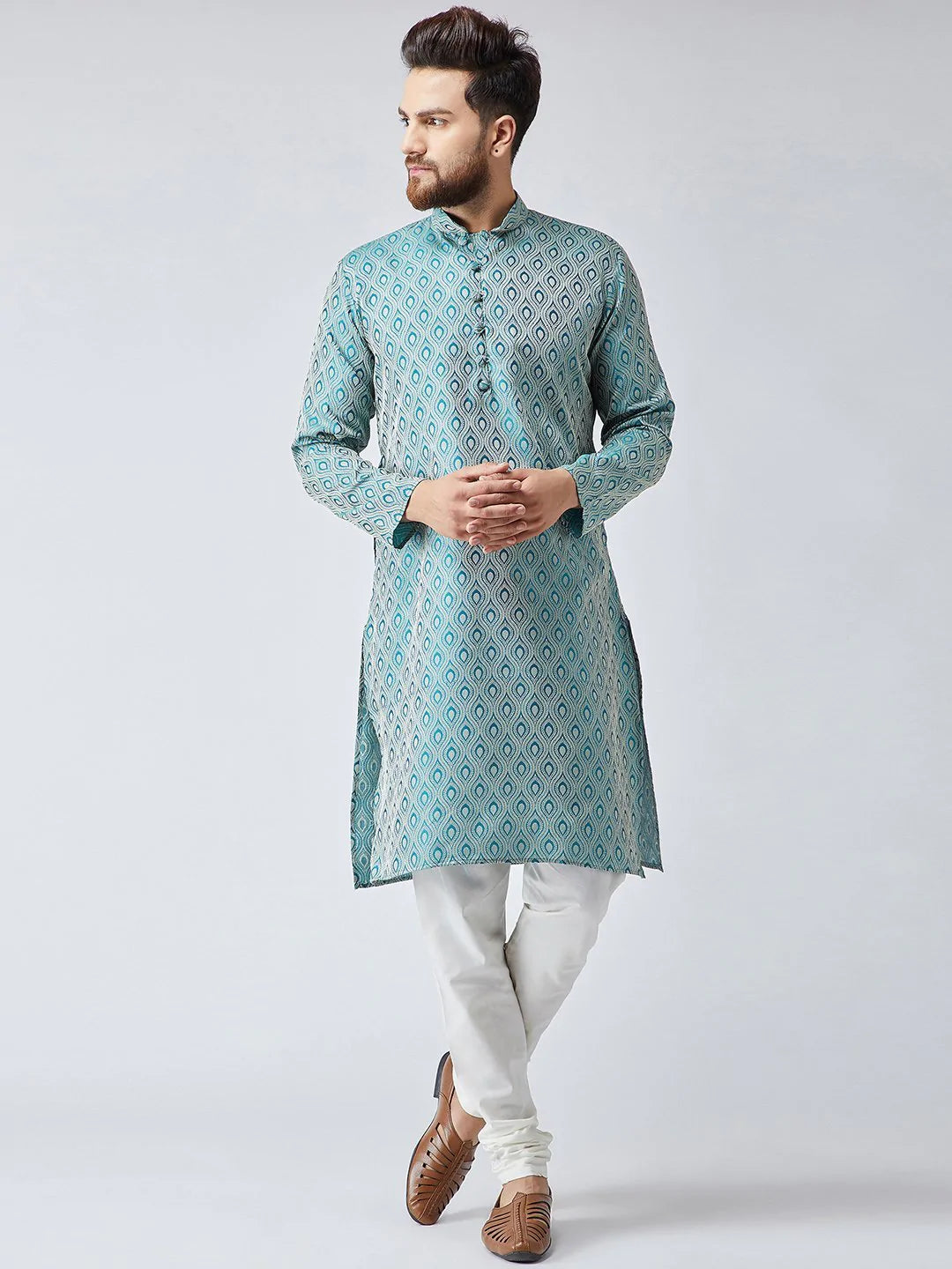 Men Green & Off-White Self Design Kurta with Churidar - Jompers