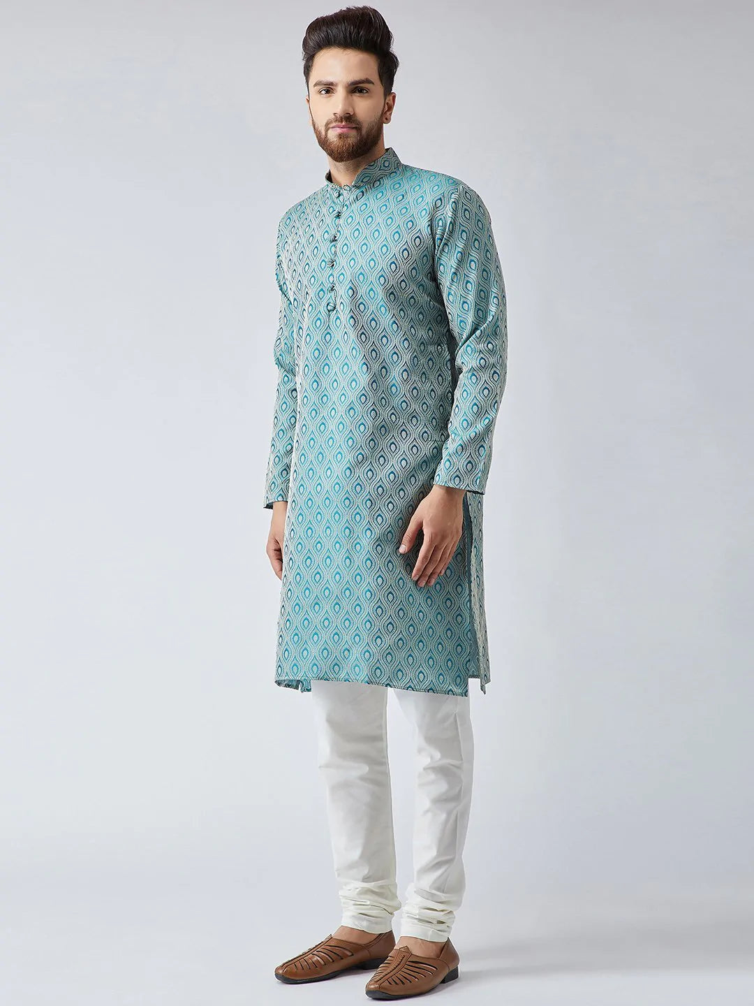 Men Green & Off-White Self Design Kurta with Churidar - Jompers