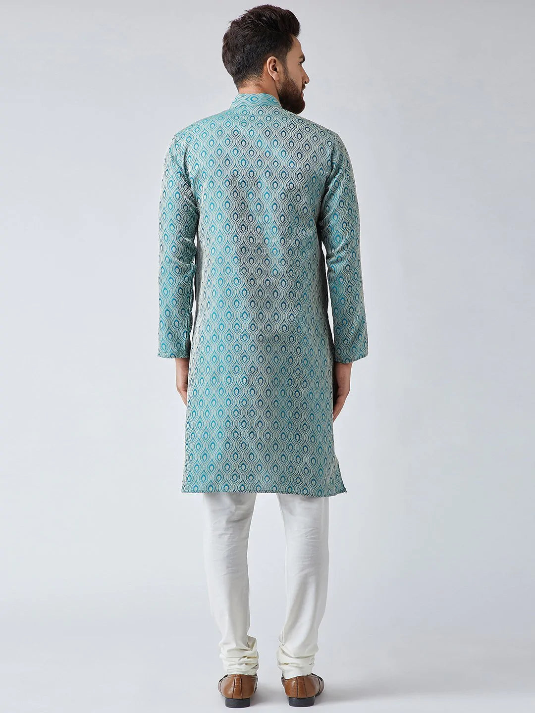 Men Green & Off-White Self Design Kurta with Churidar - Jompers