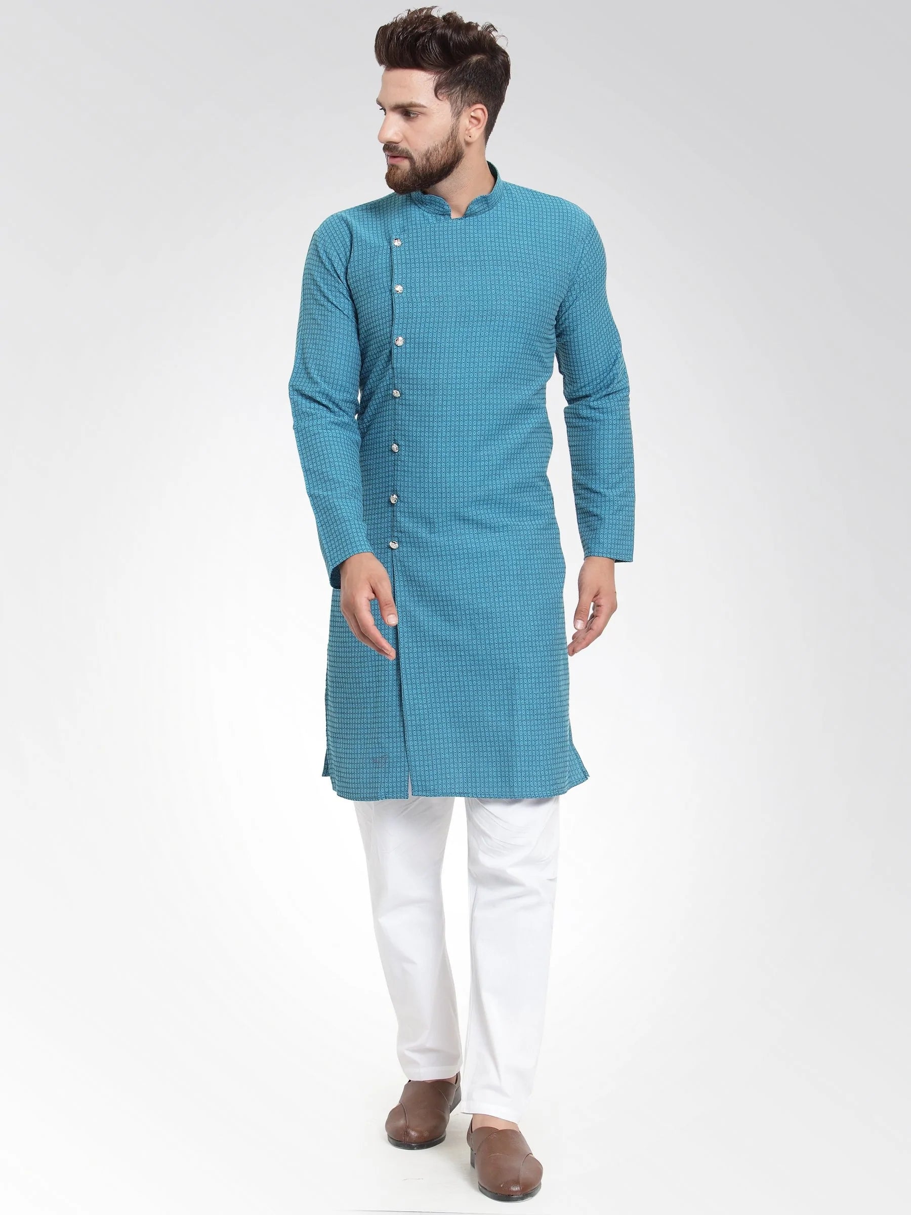 Men Green Self Design Kurta with Pajama - Jompers