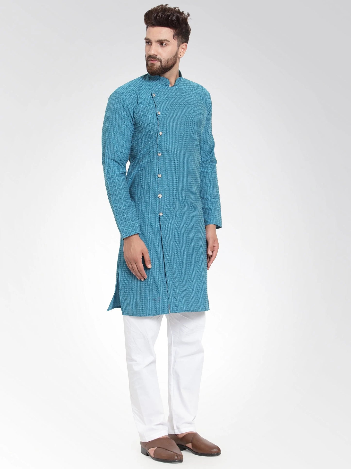 Men Green Self Design Kurta with Pajama - Jompers