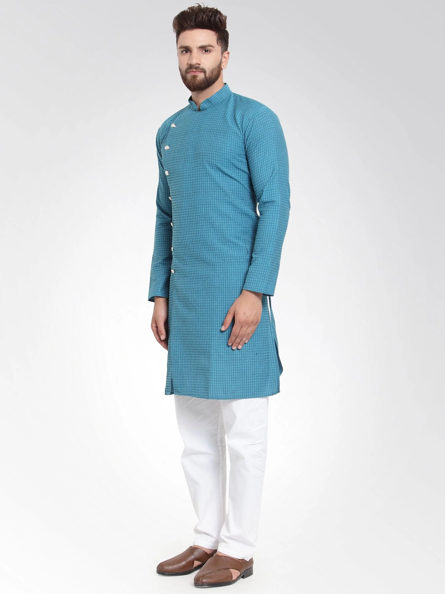 Men Green Self Design Kurta with Pajama - Jompers