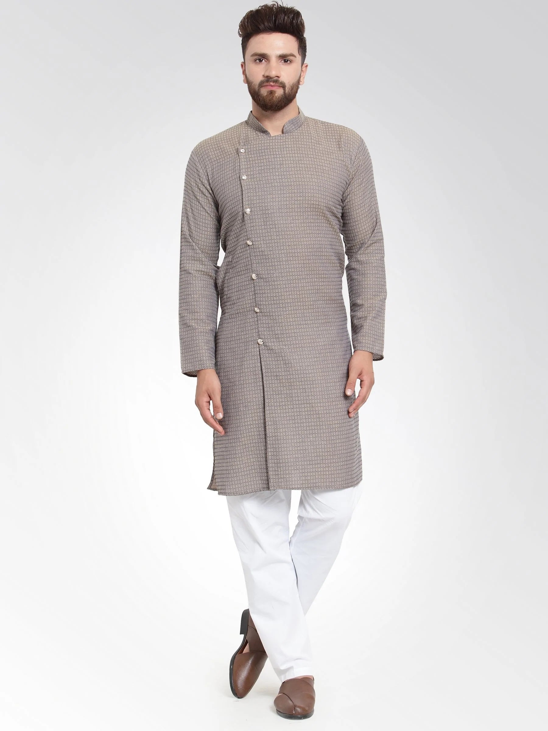 Men Grey Self Design Kurta with Pajama - Jompers