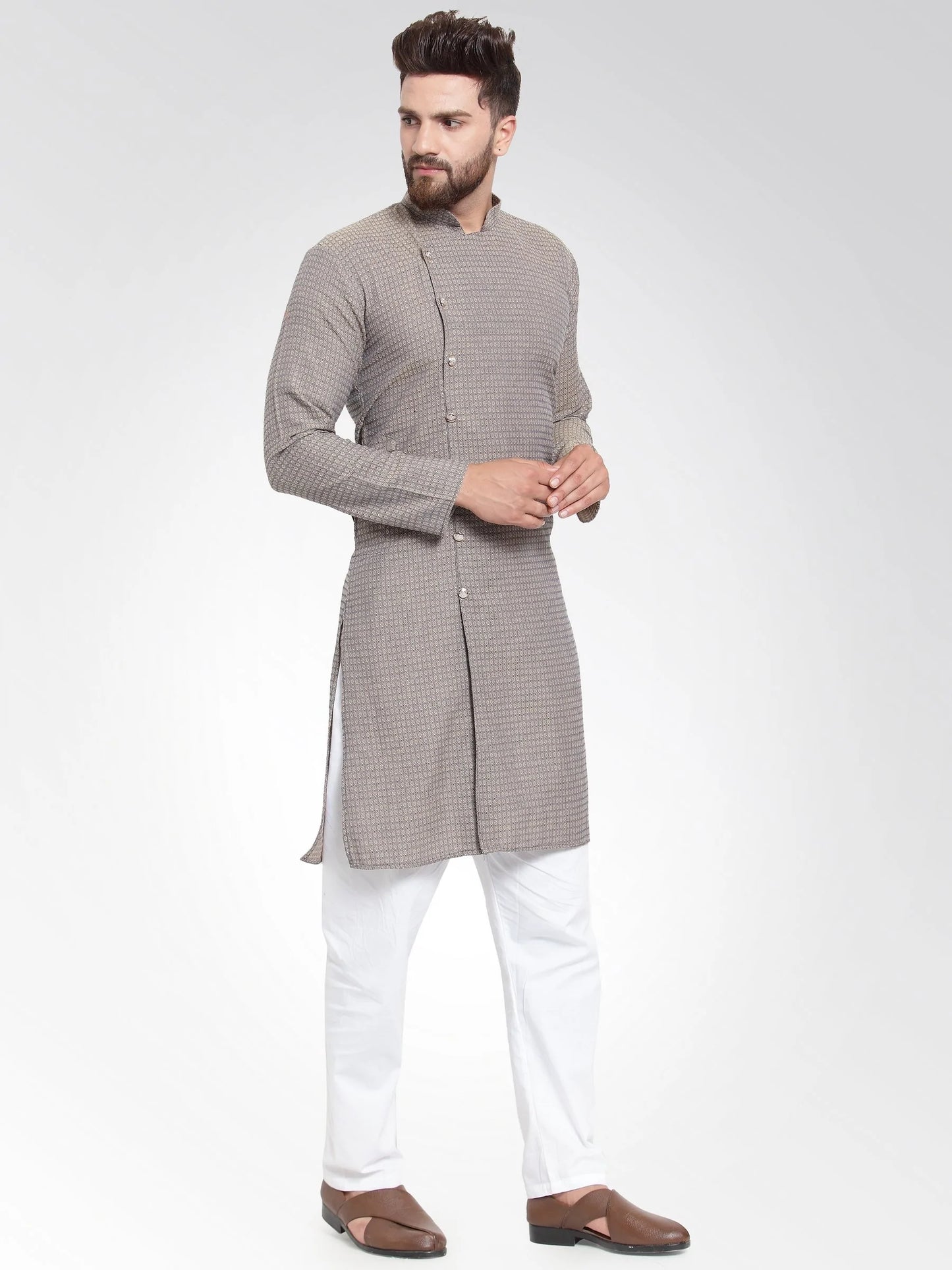 Men Grey Self Design Kurta with Pajama - Jompers