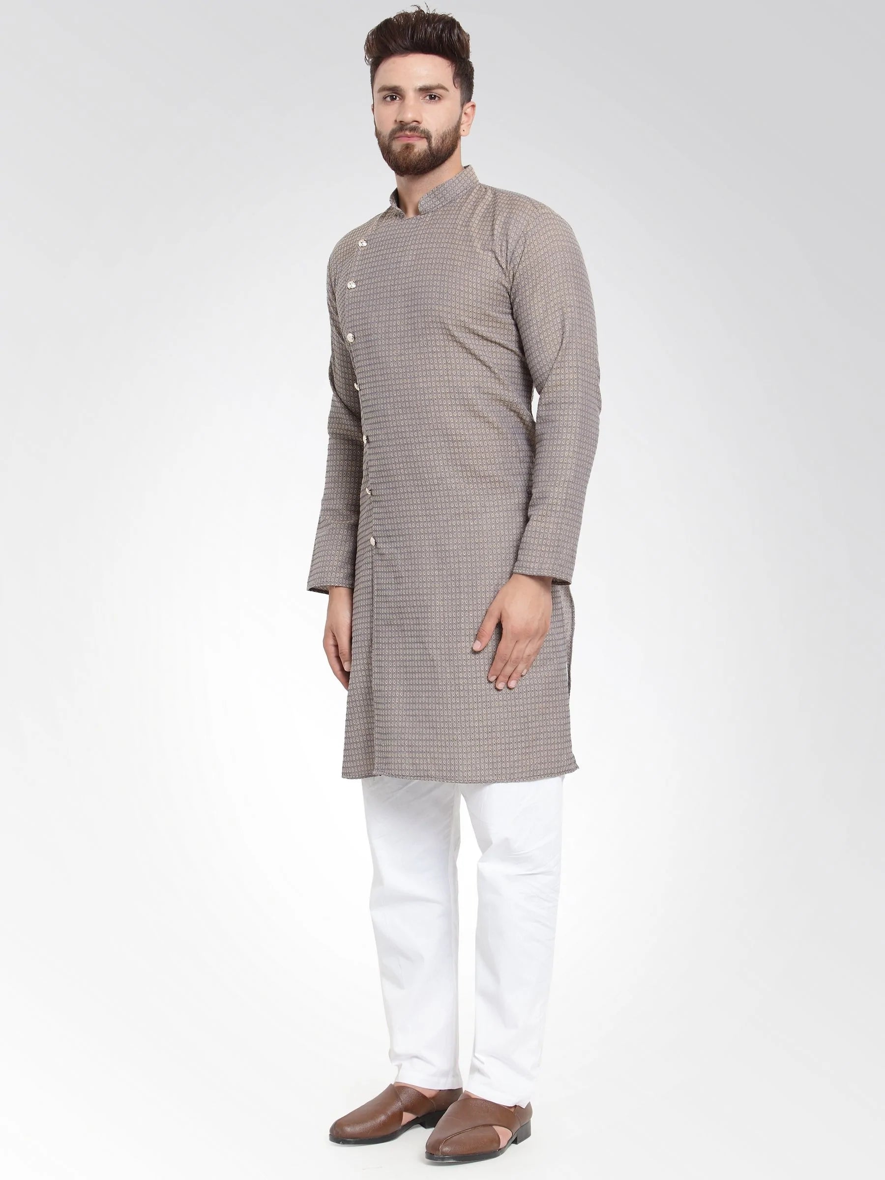 Men Grey Self Design Kurta with Pajama - Jompers