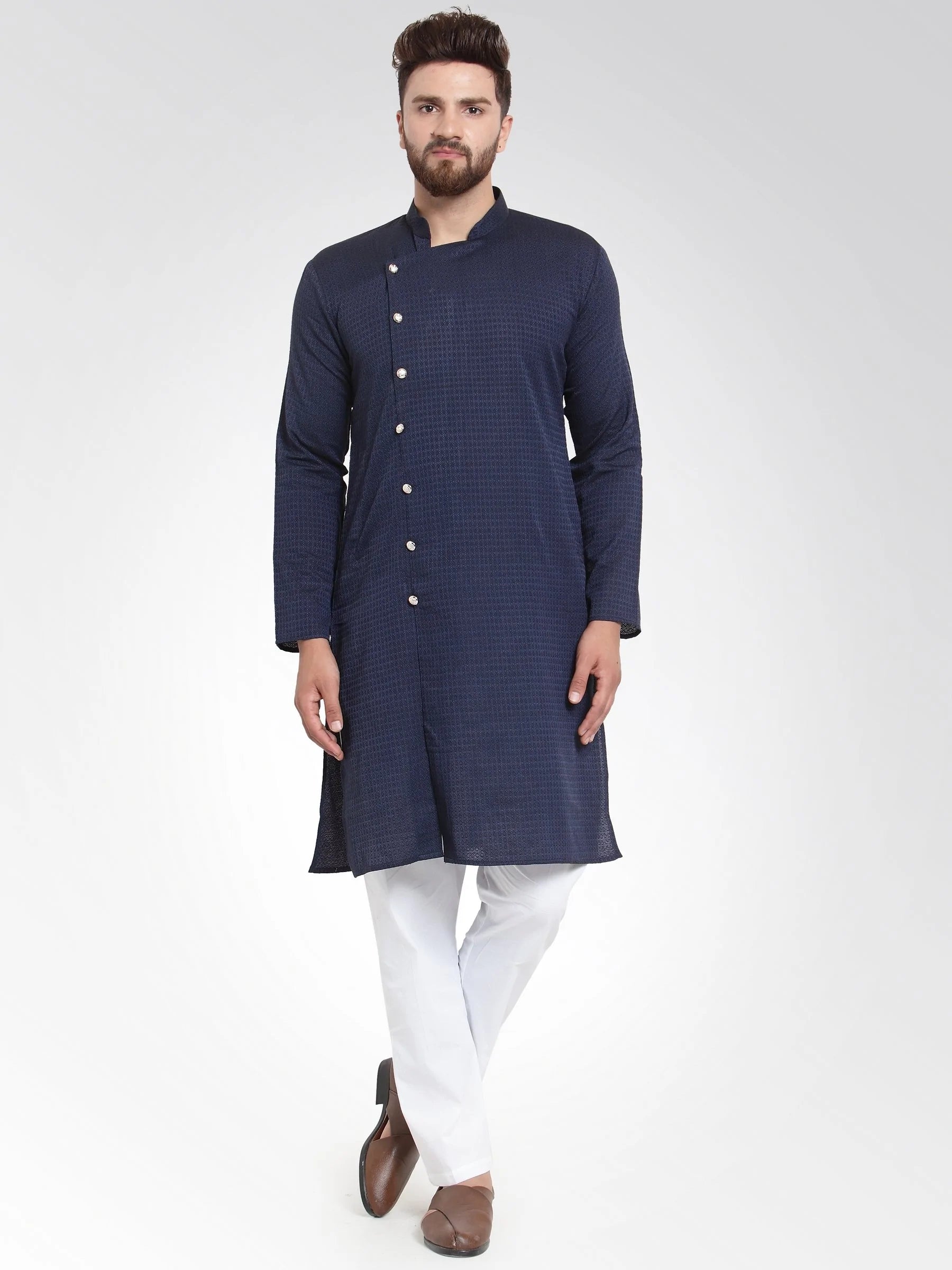 Men Navy Self Design Kurta with Pajama - Jompers