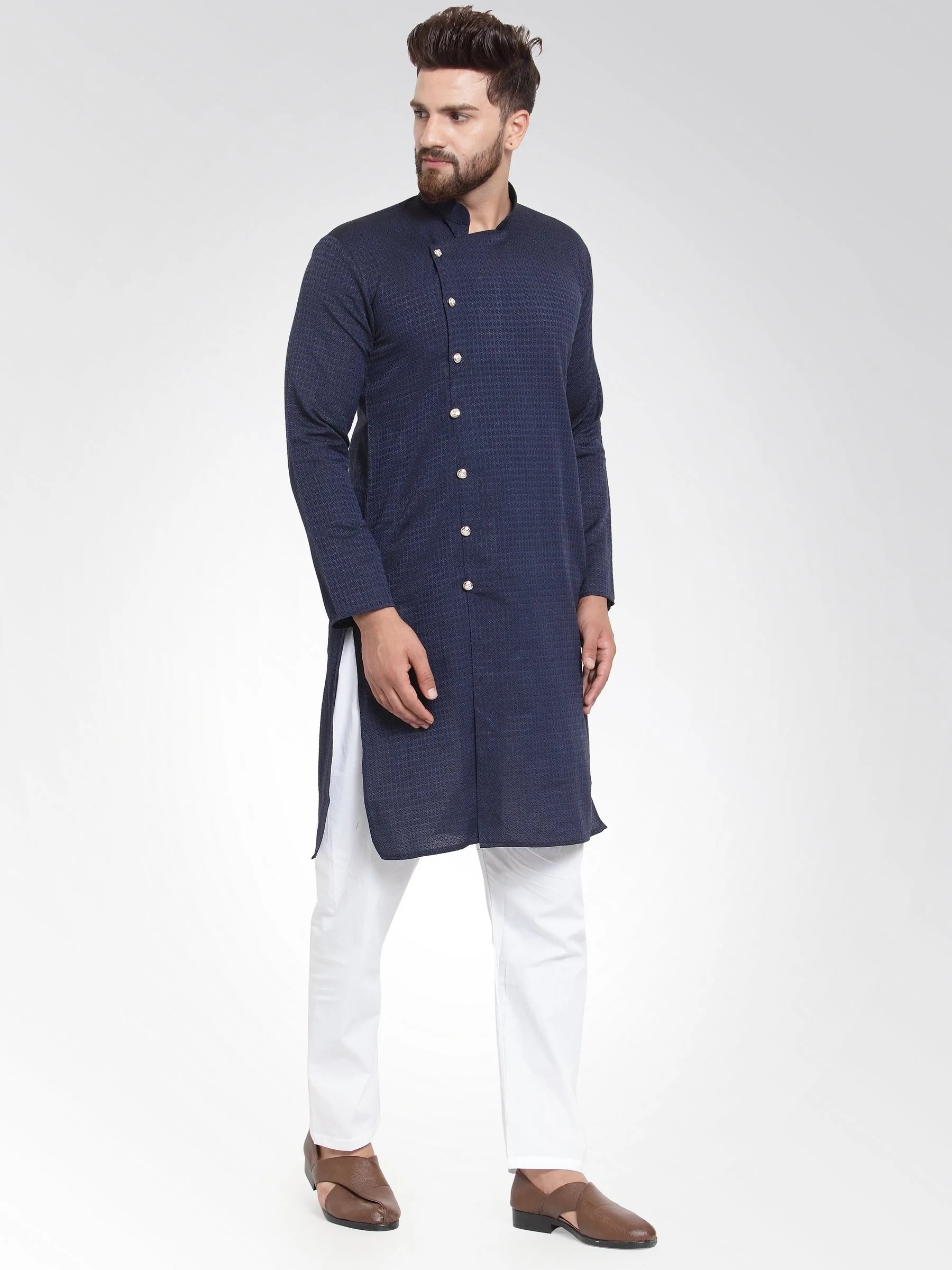 Men Navy Self Design Kurta with Pajama - Jompers