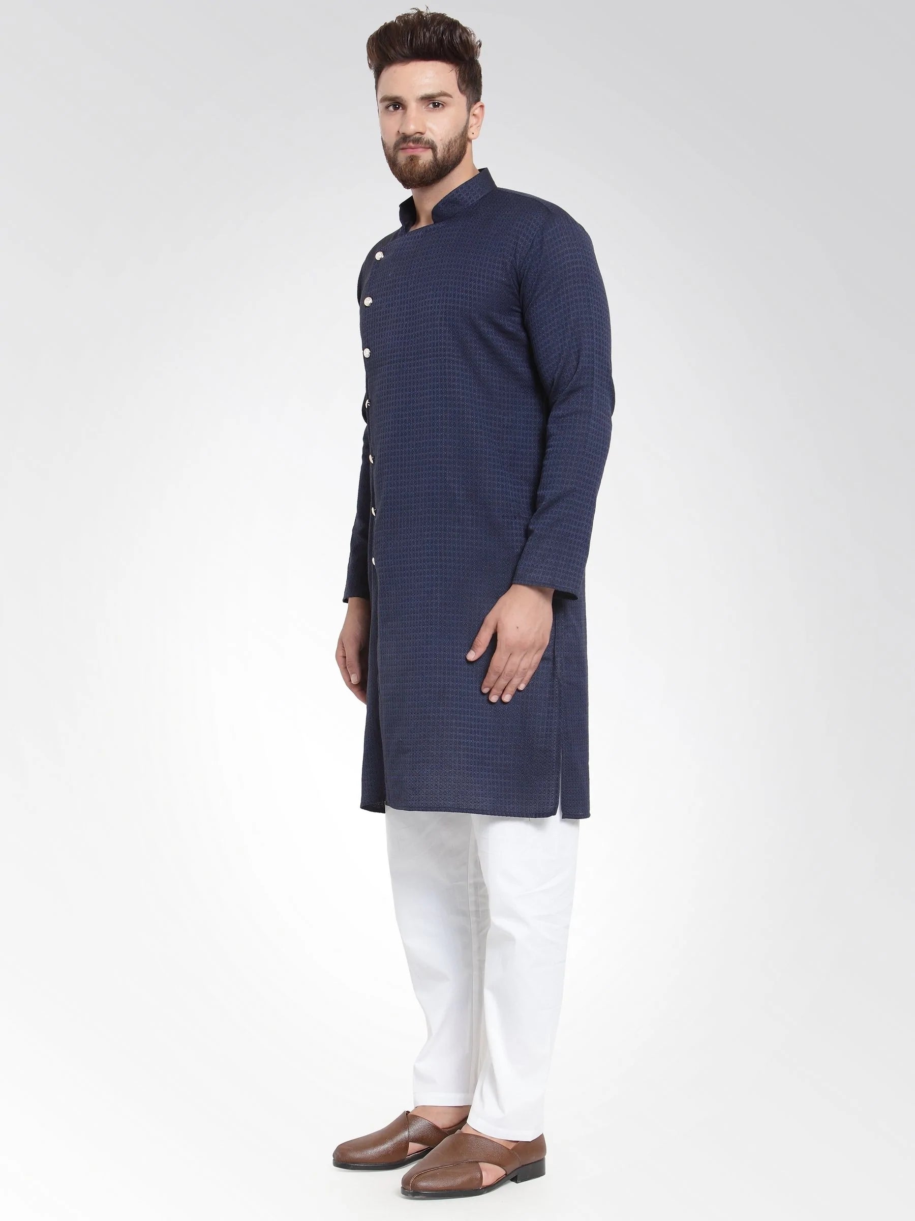 Men Navy Self Design Kurta with Pajama - Jompers