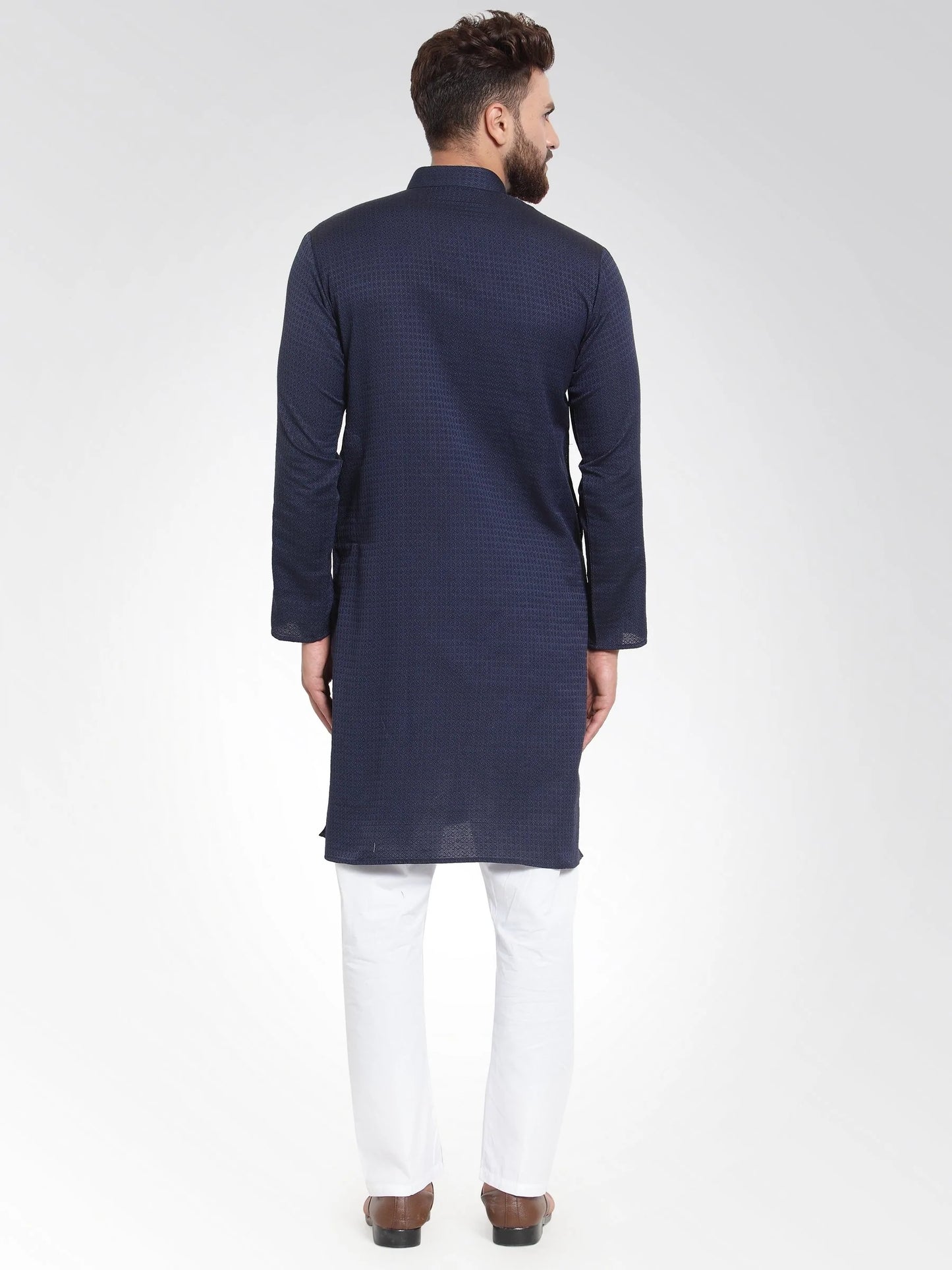 Men Navy Self Design Kurta with Pajama - Jompers
