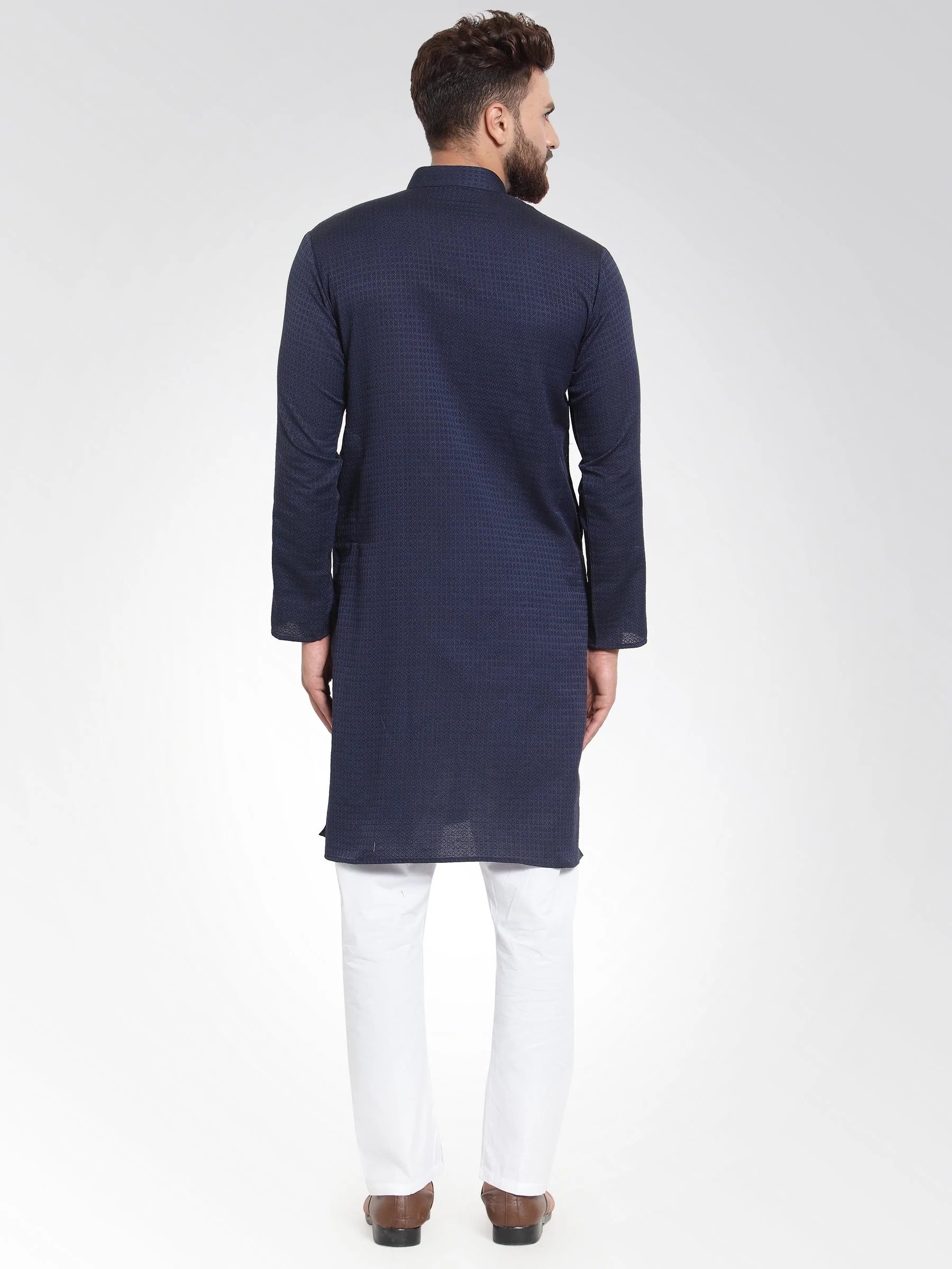 Men Navy Self Design Kurta with Pajama - Jompers