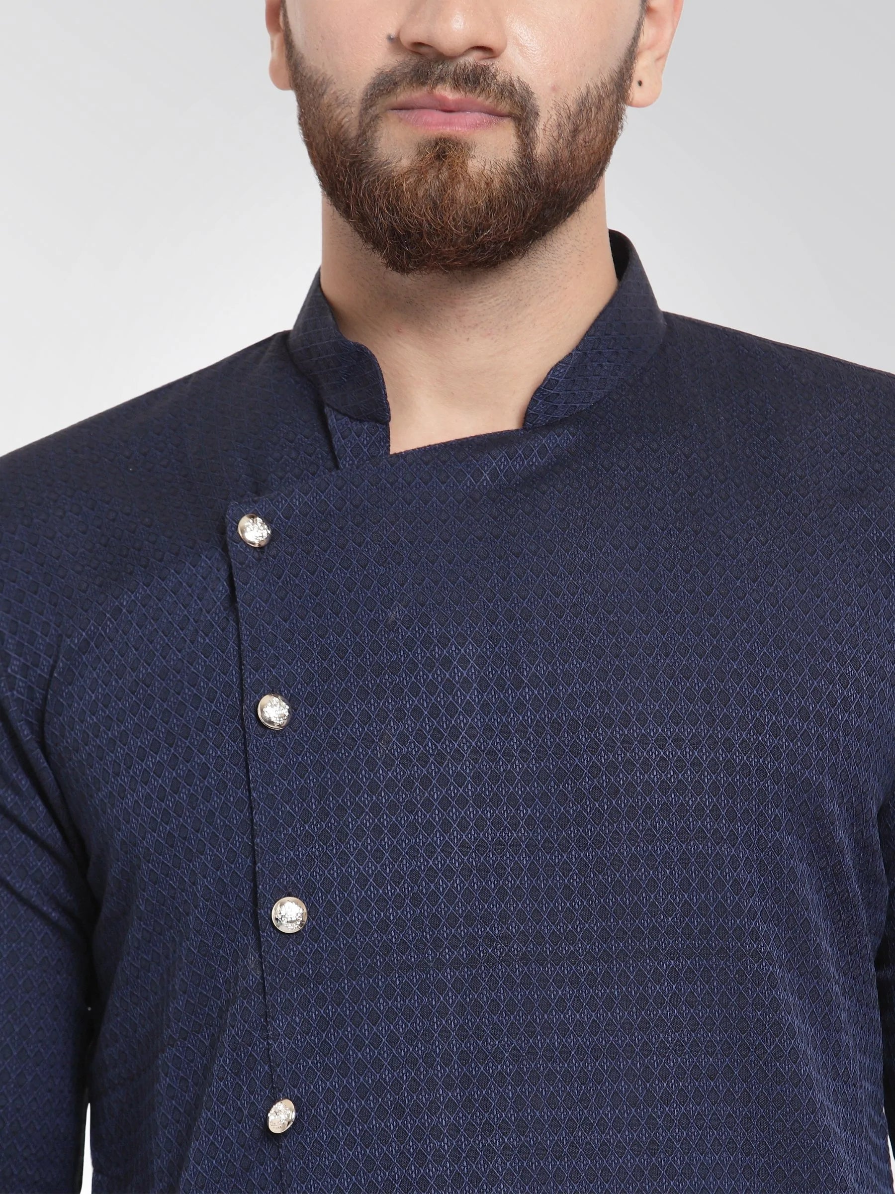 Men Navy Self Design Kurta with Pajama - Jompers