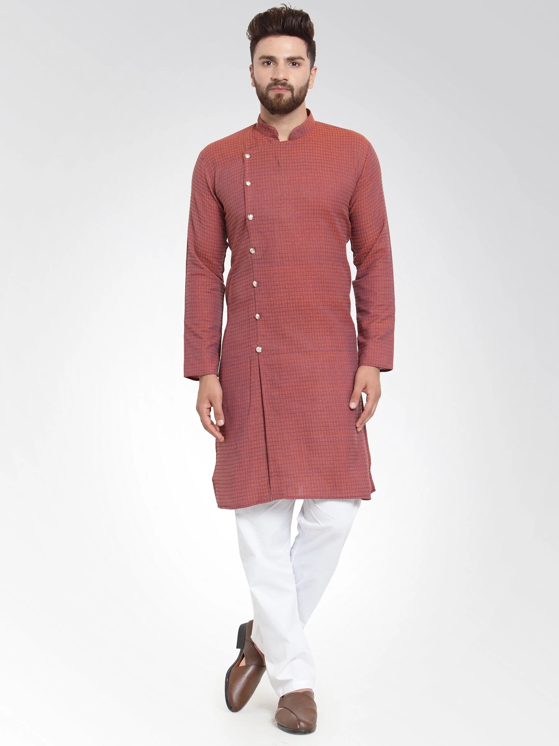 Men Red Self Design Kurta with Pajama - Jompers