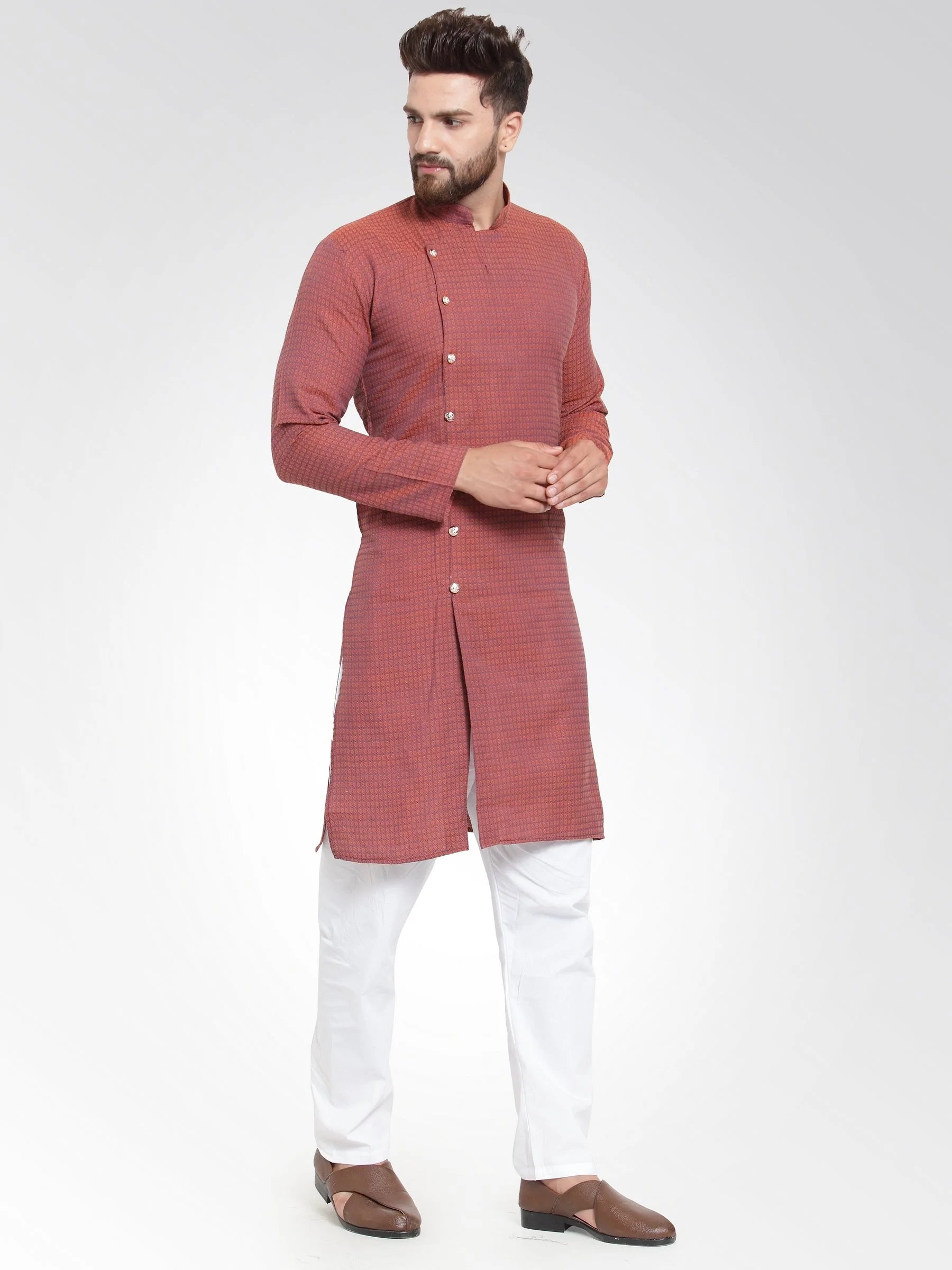 Men Red Self Design Kurta with Pajama - Jompers