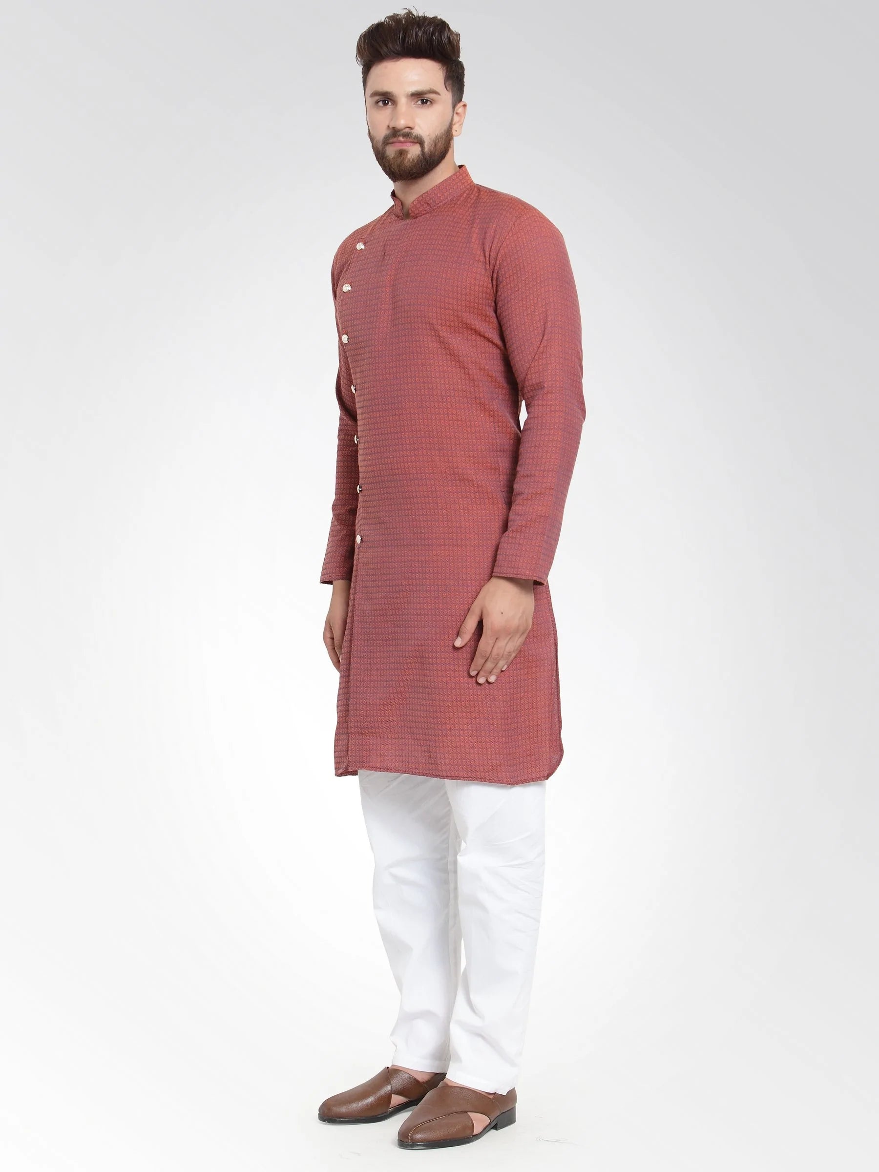 Men Red Self Design Kurta with Pajama - Jompers