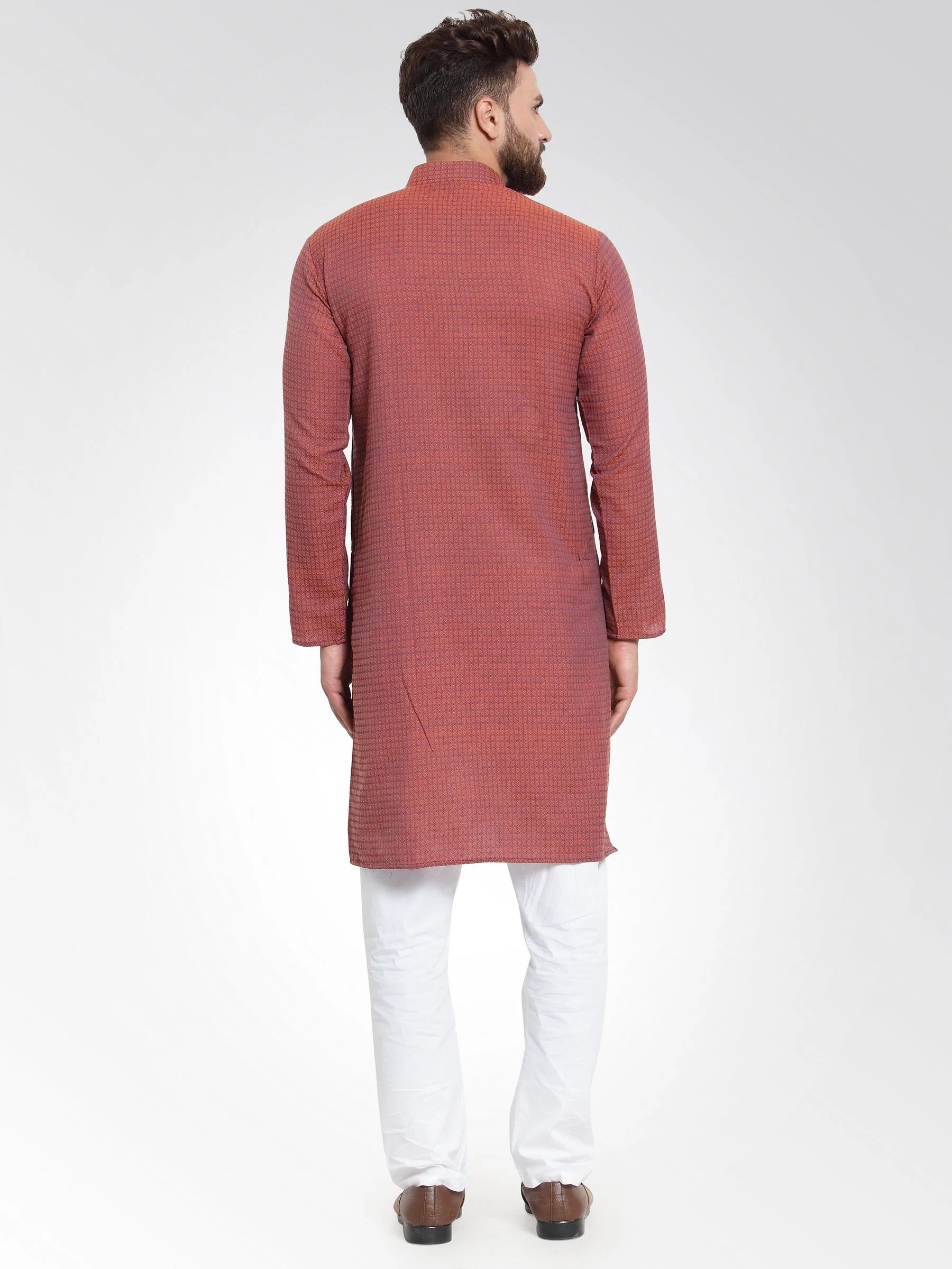 Men Red Self Design Kurta with Pajama - Jompers