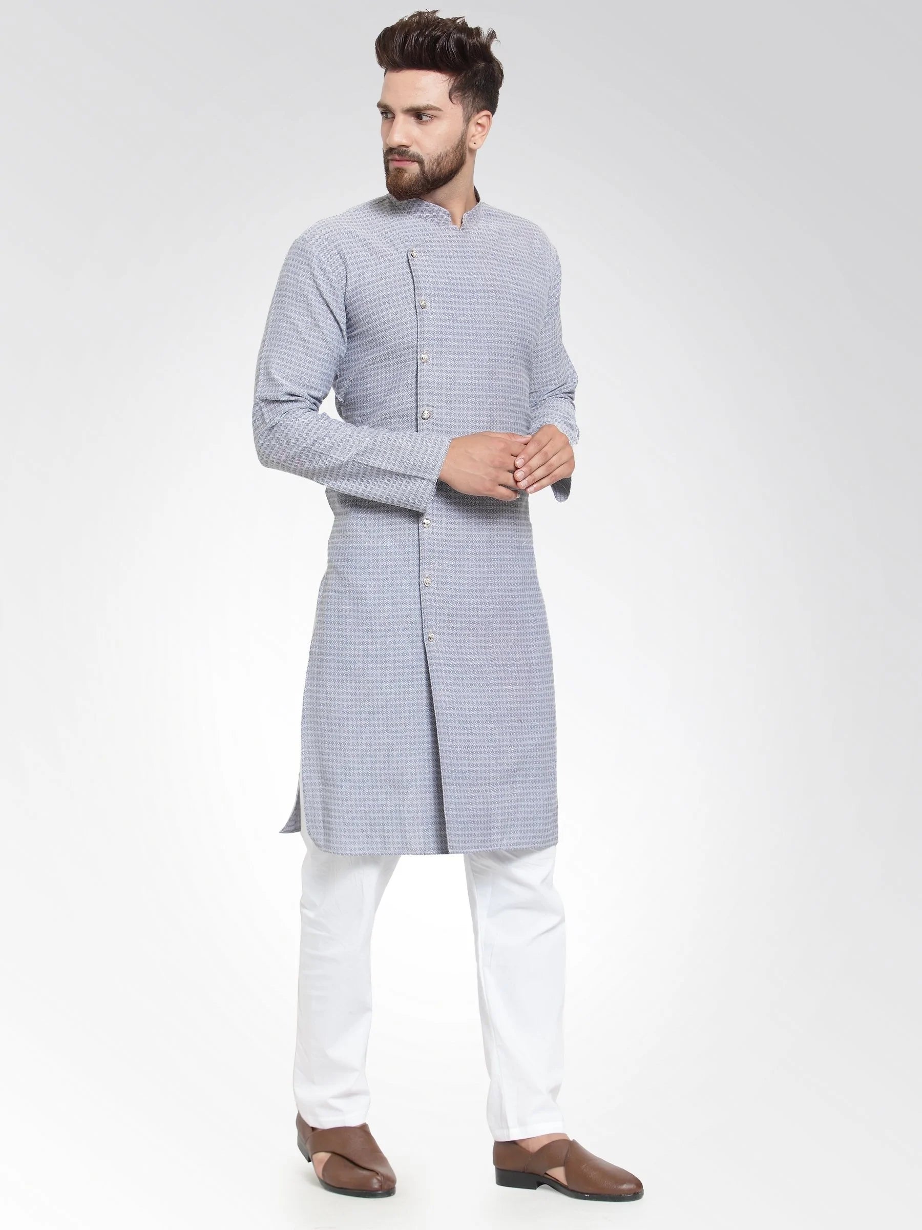 Men Steel Blue Self Design Kurta with Pajama - Jompers