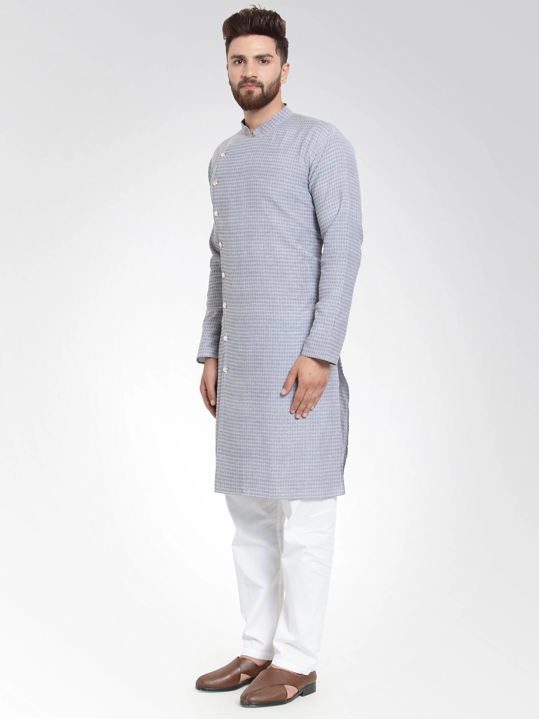 Men Steel Blue Self Design Kurta with Pajama - Jompers