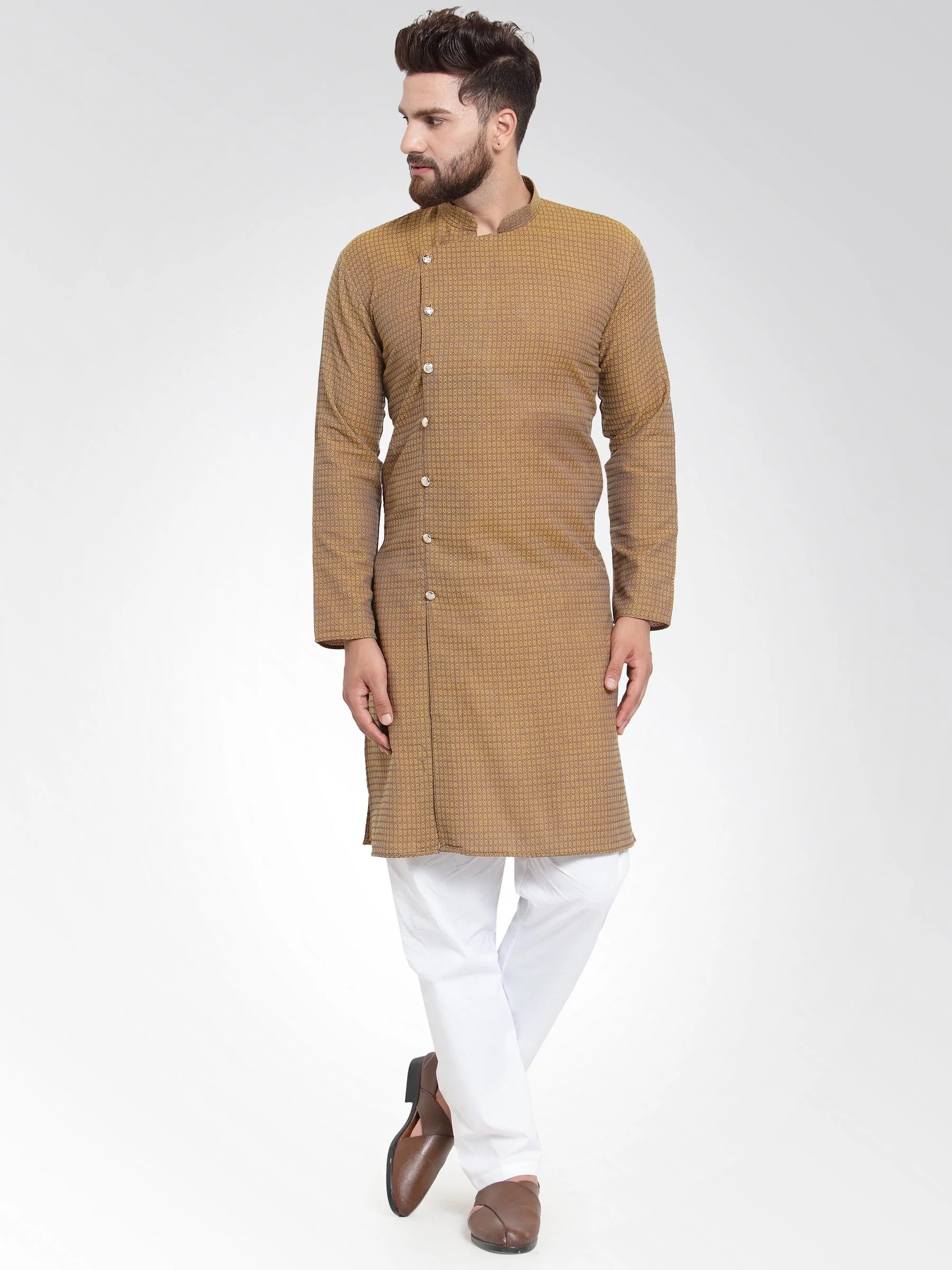 Men Yellow Self Design Kurta with Pajama - Jompers