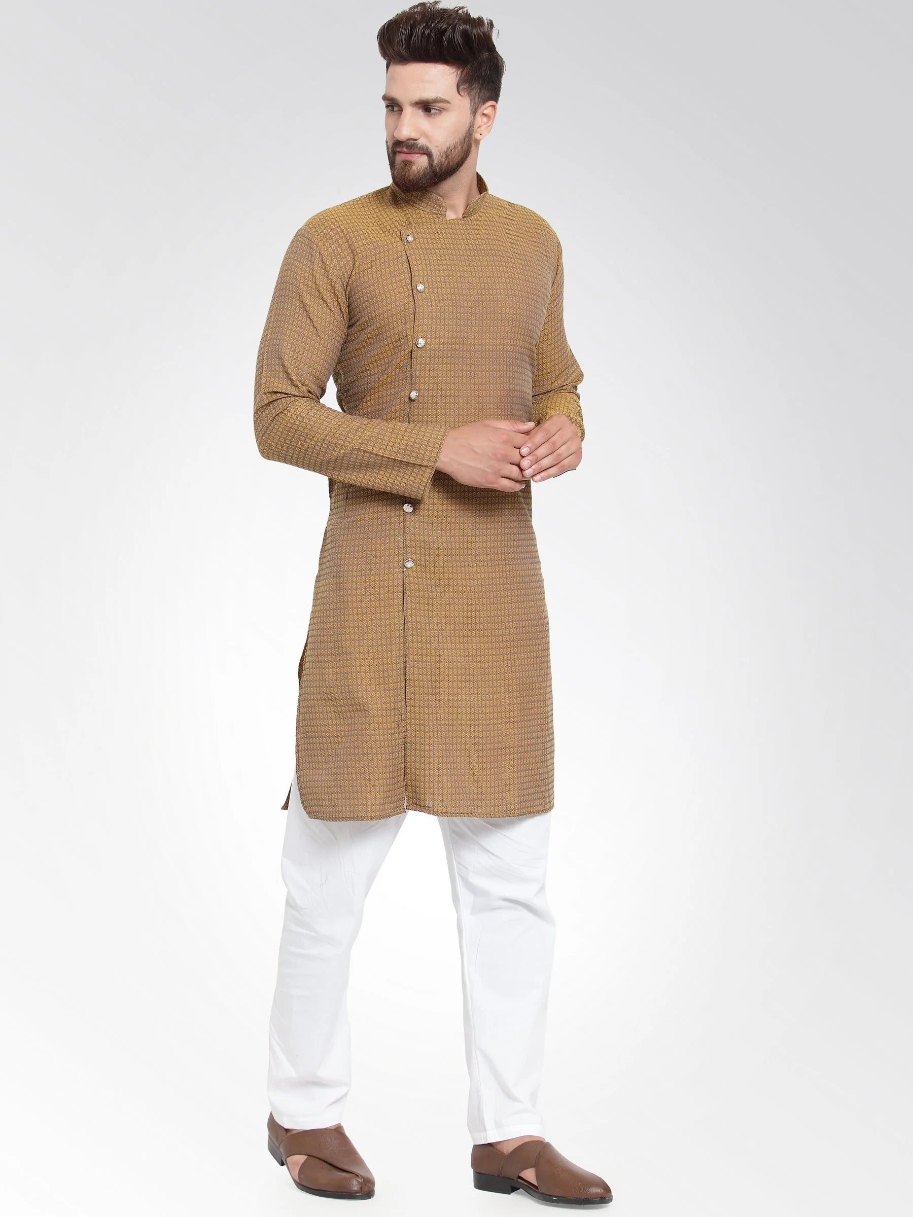 Men Yellow Self Design Kurta with Pajama - Jompers