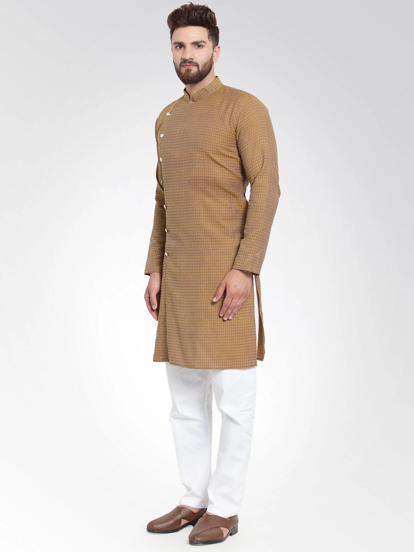 Men Yellow Self Design Kurta with Pajama - Jompers
