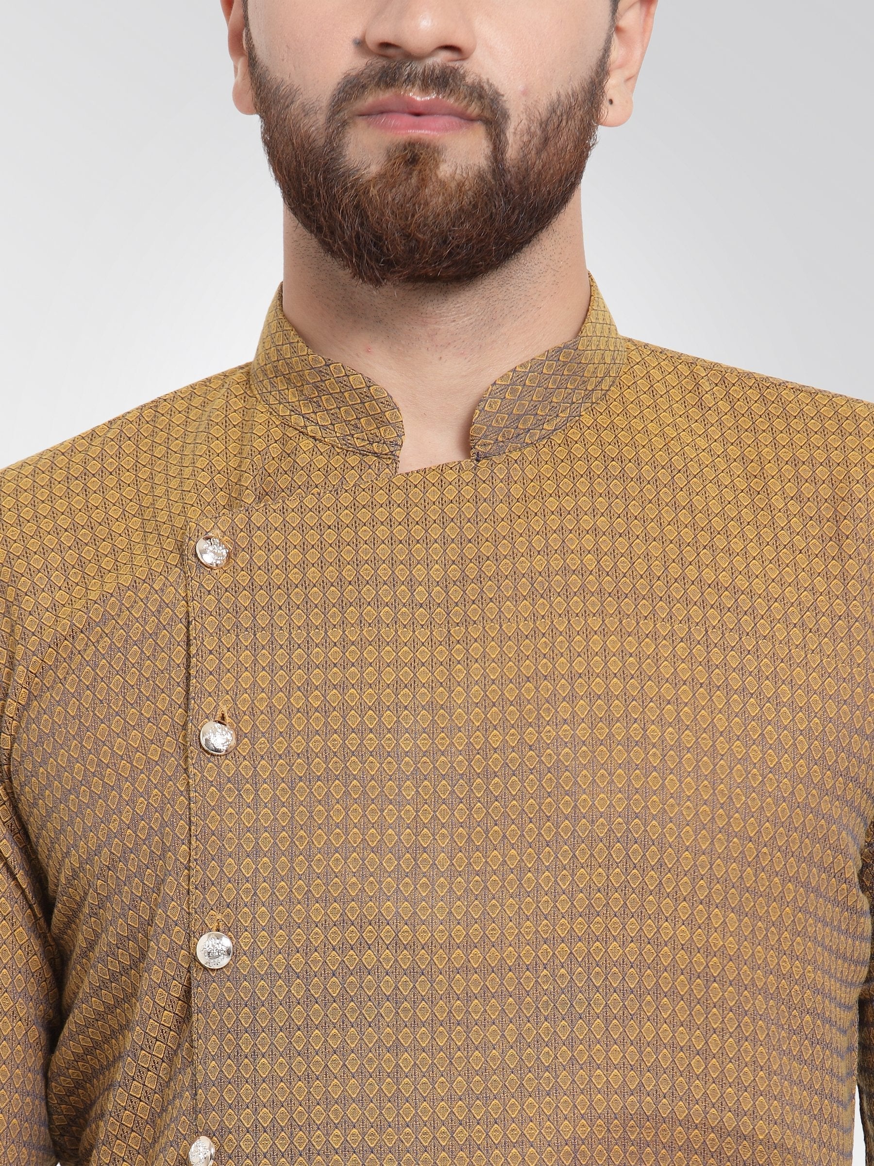 Men Yellow Self Design Kurta with Pajama - Jompers