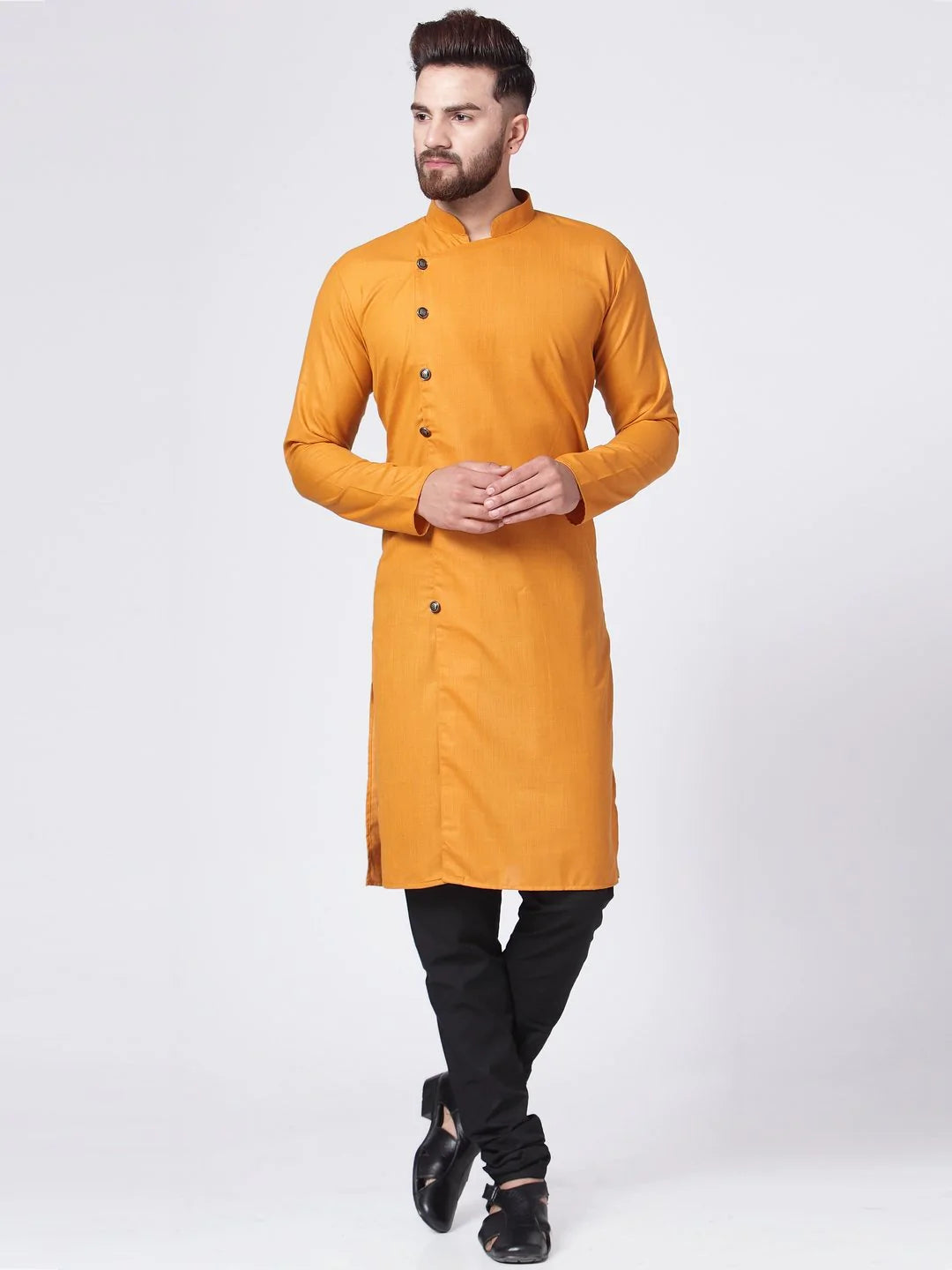 Men Yellow Solid Kurta with Churidar ( JOKP 576 Yellow )