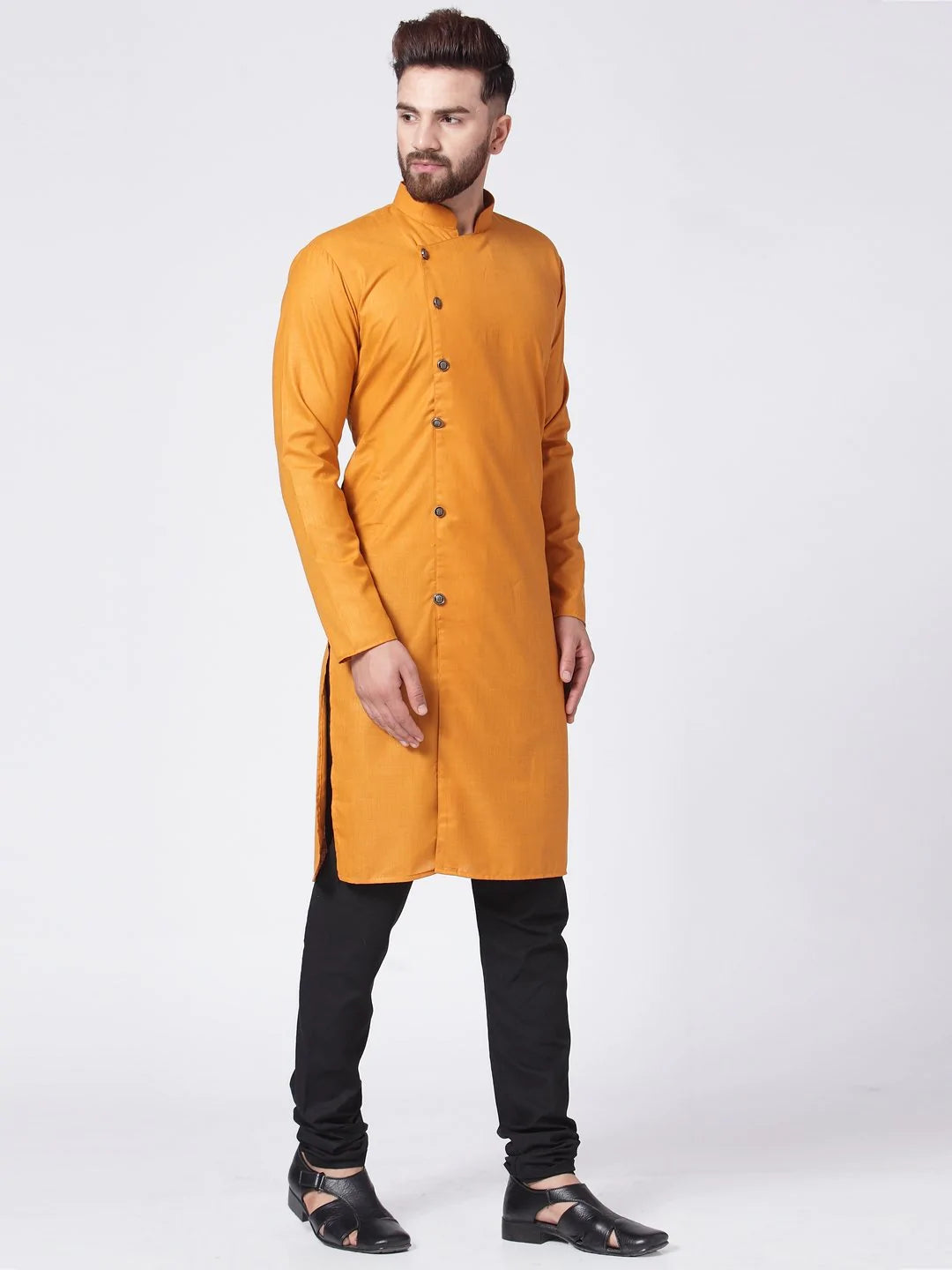 Men Yellow Solid Kurta with Churidar ( JOKP 576 Yellow )